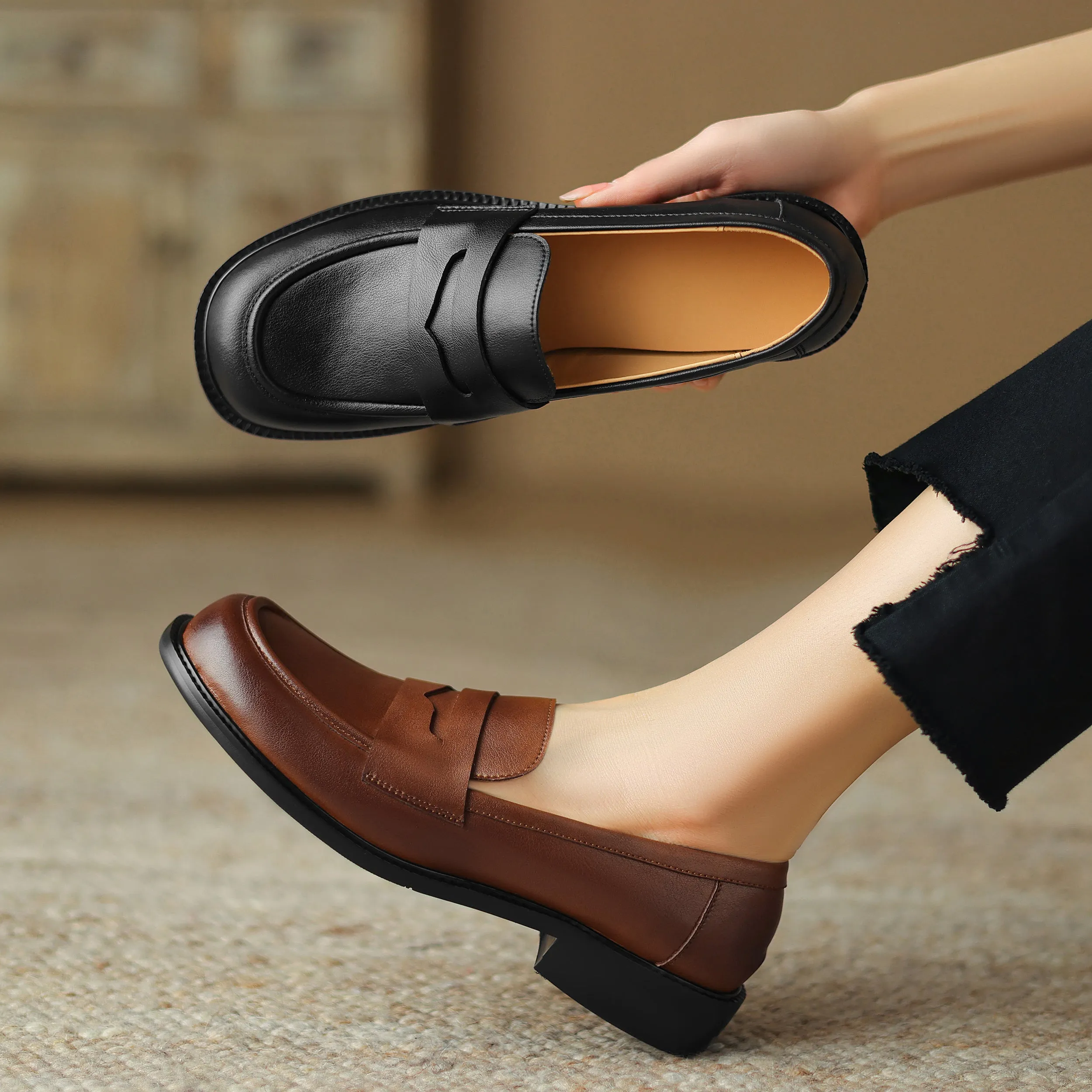 Womens British Preppy Handmade Loafers Comfortable Leather Shoes