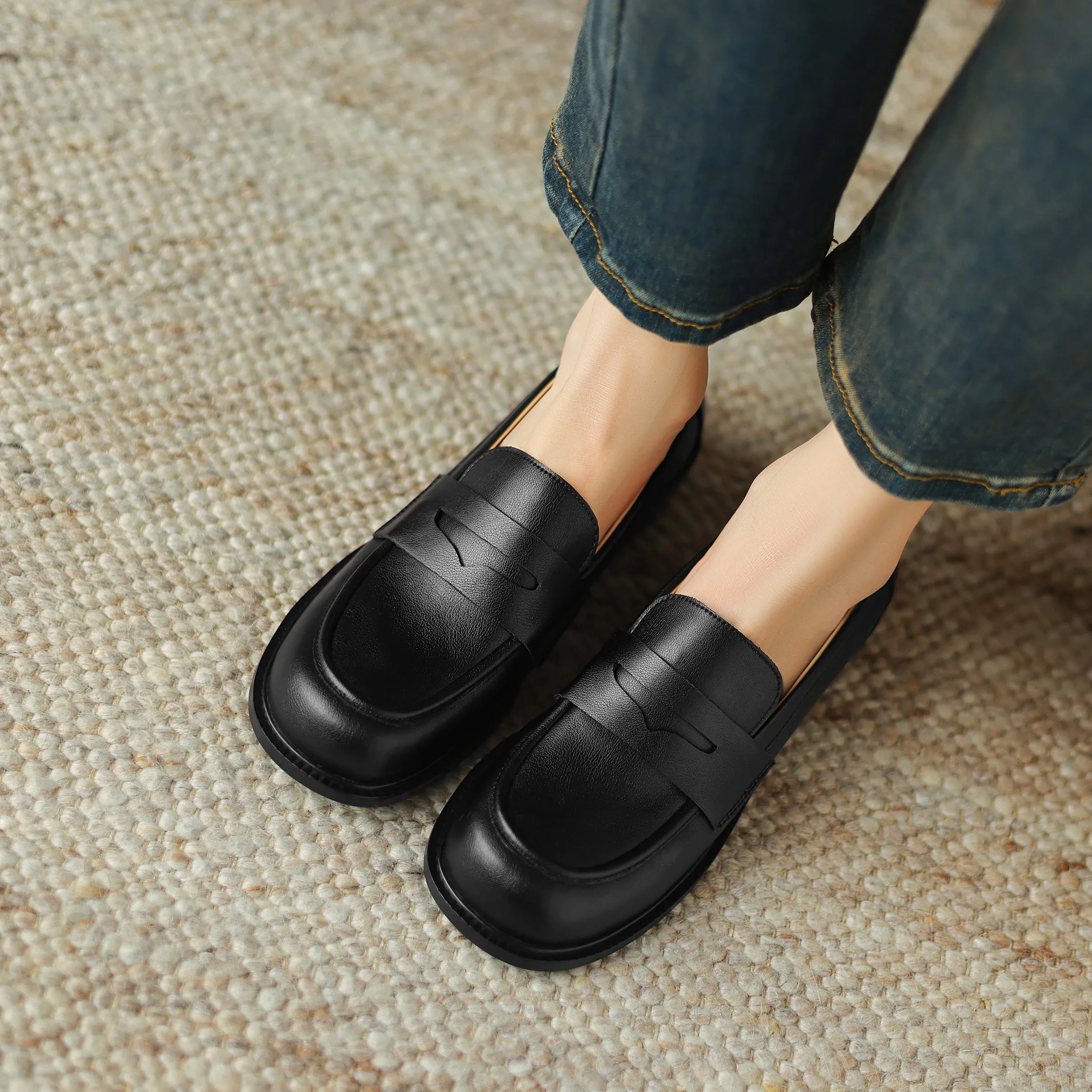 Womens British Preppy Handmade Loafers Comfortable Leather Shoes