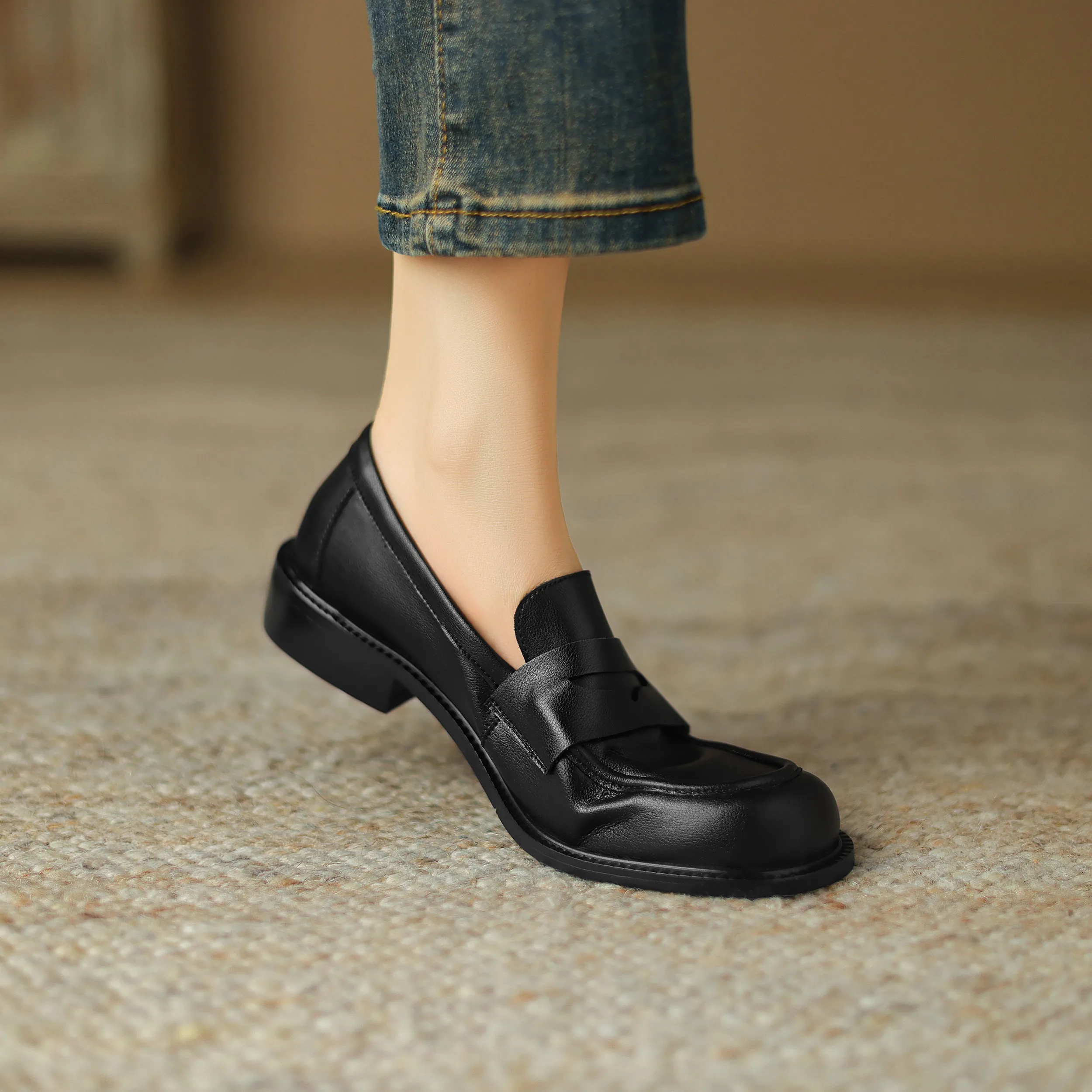 Womens British Preppy Handmade Loafers Comfortable Leather Shoes