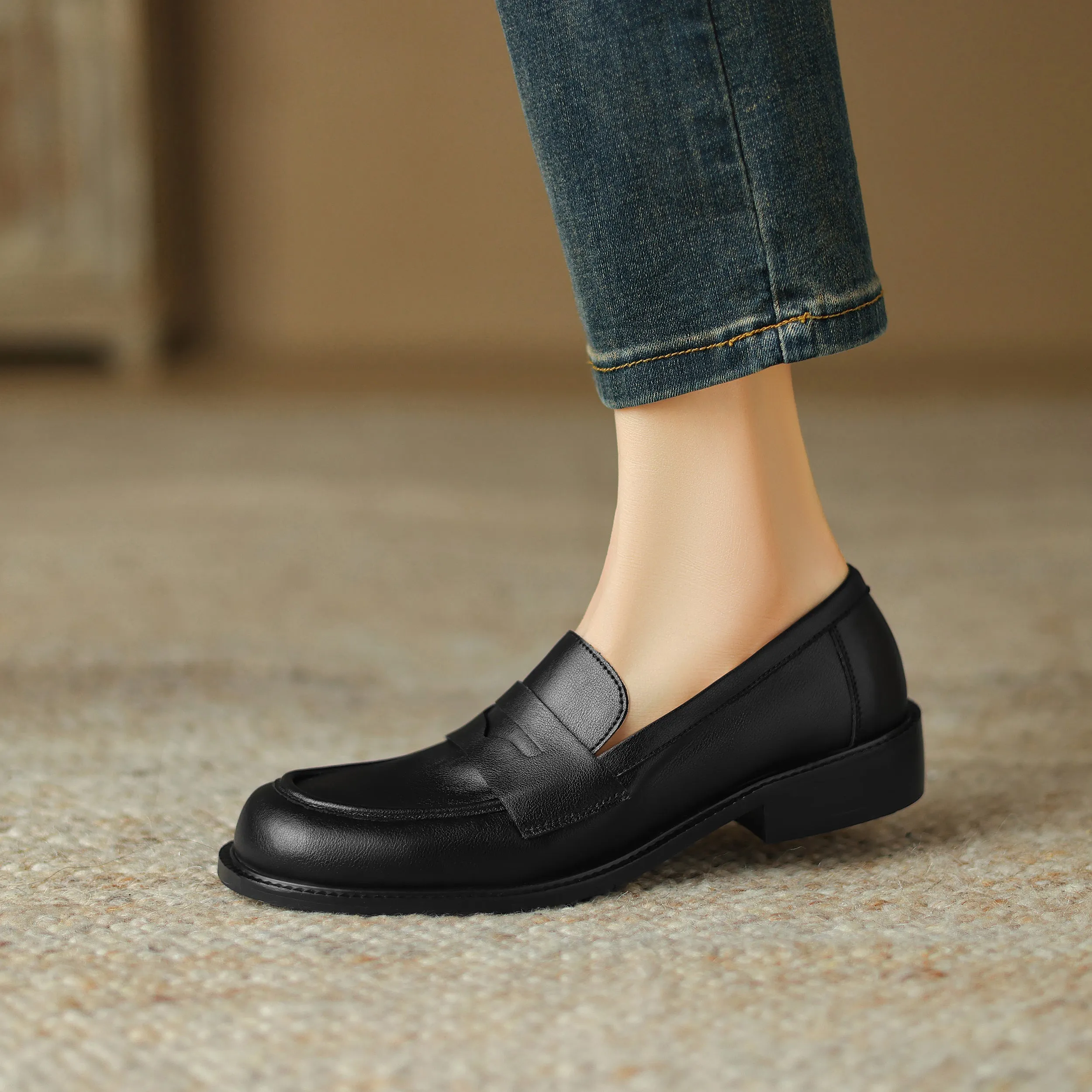 Womens British Preppy Handmade Loafers Comfortable Leather Shoes