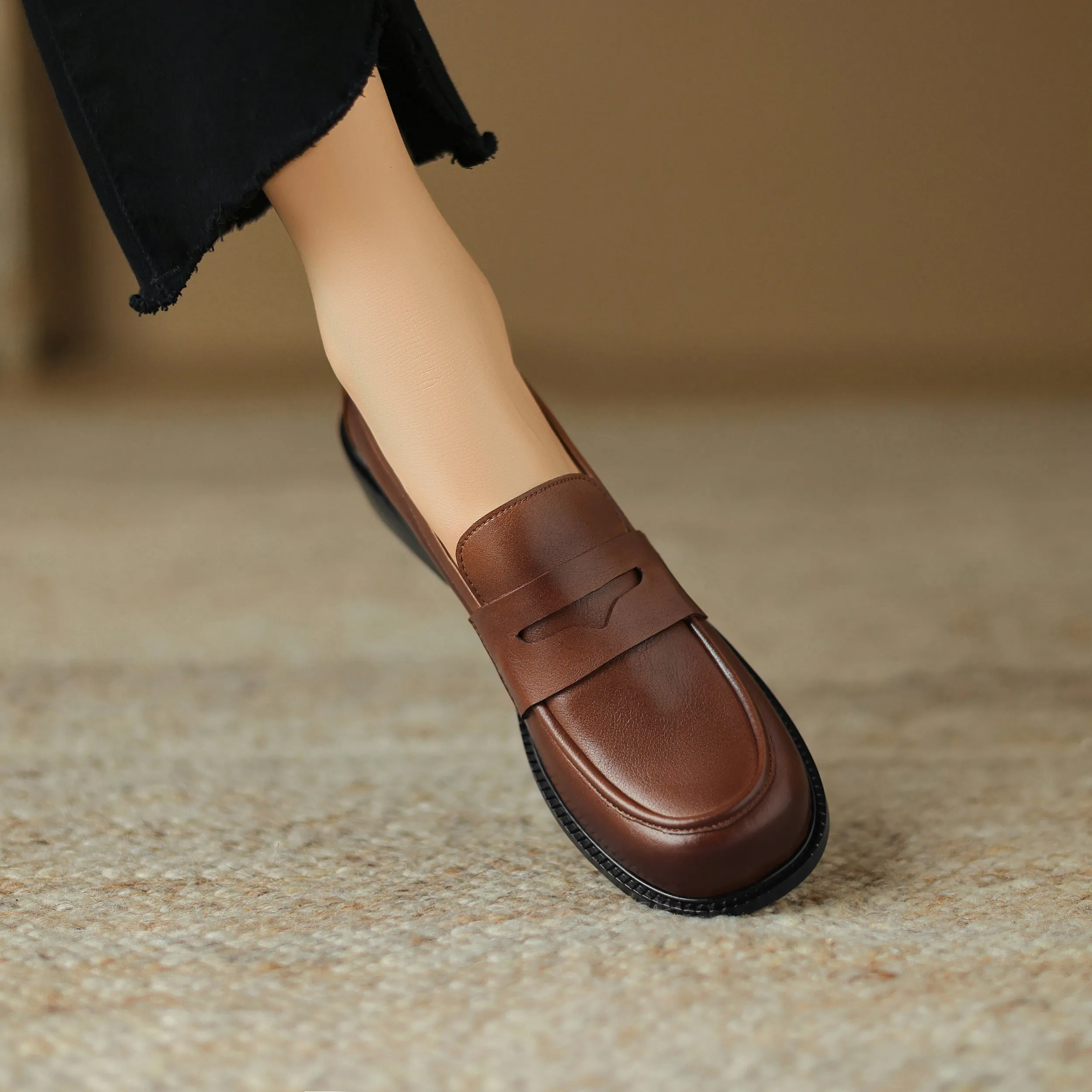 Womens British Preppy Handmade Loafers Comfortable Leather Shoes