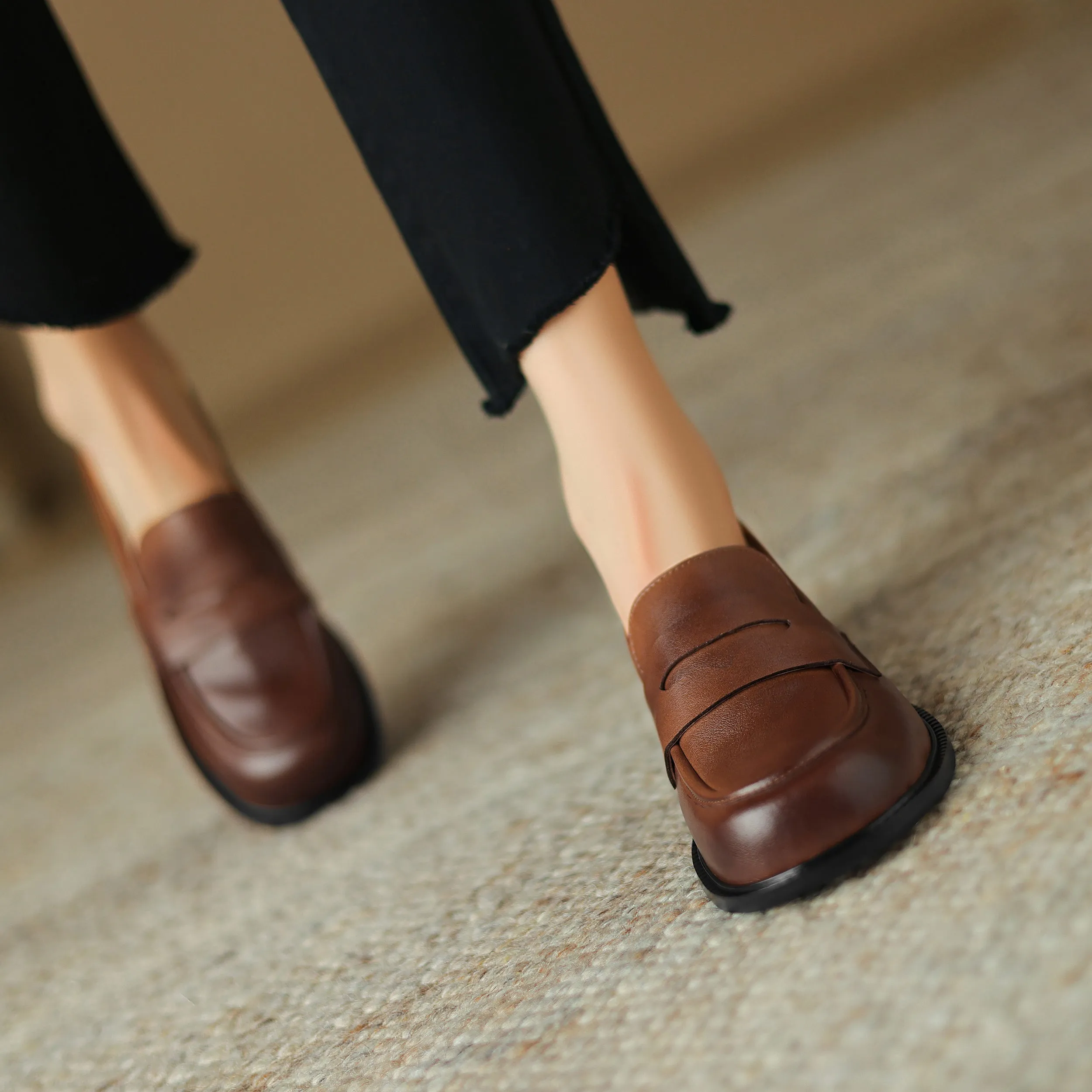 Womens British Preppy Handmade Loafers Comfortable Leather Shoes