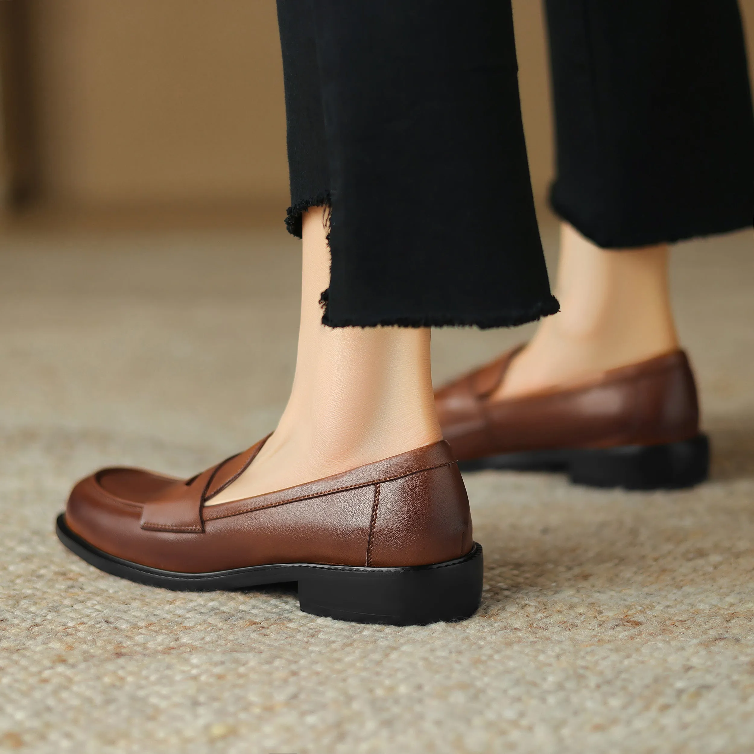 Womens British Preppy Handmade Loafers Comfortable Leather Shoes
