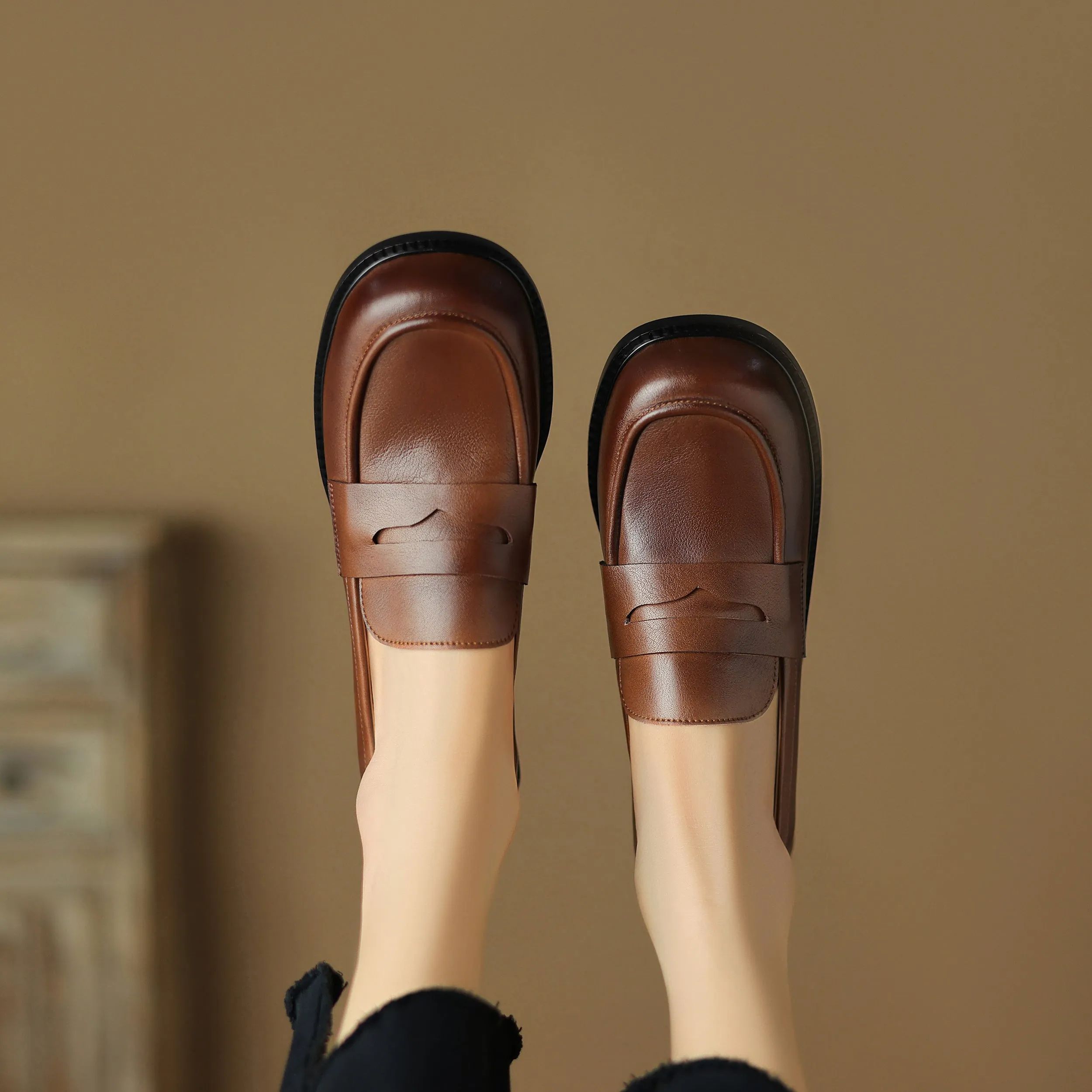 Womens British Preppy Handmade Loafers Comfortable Leather Shoes