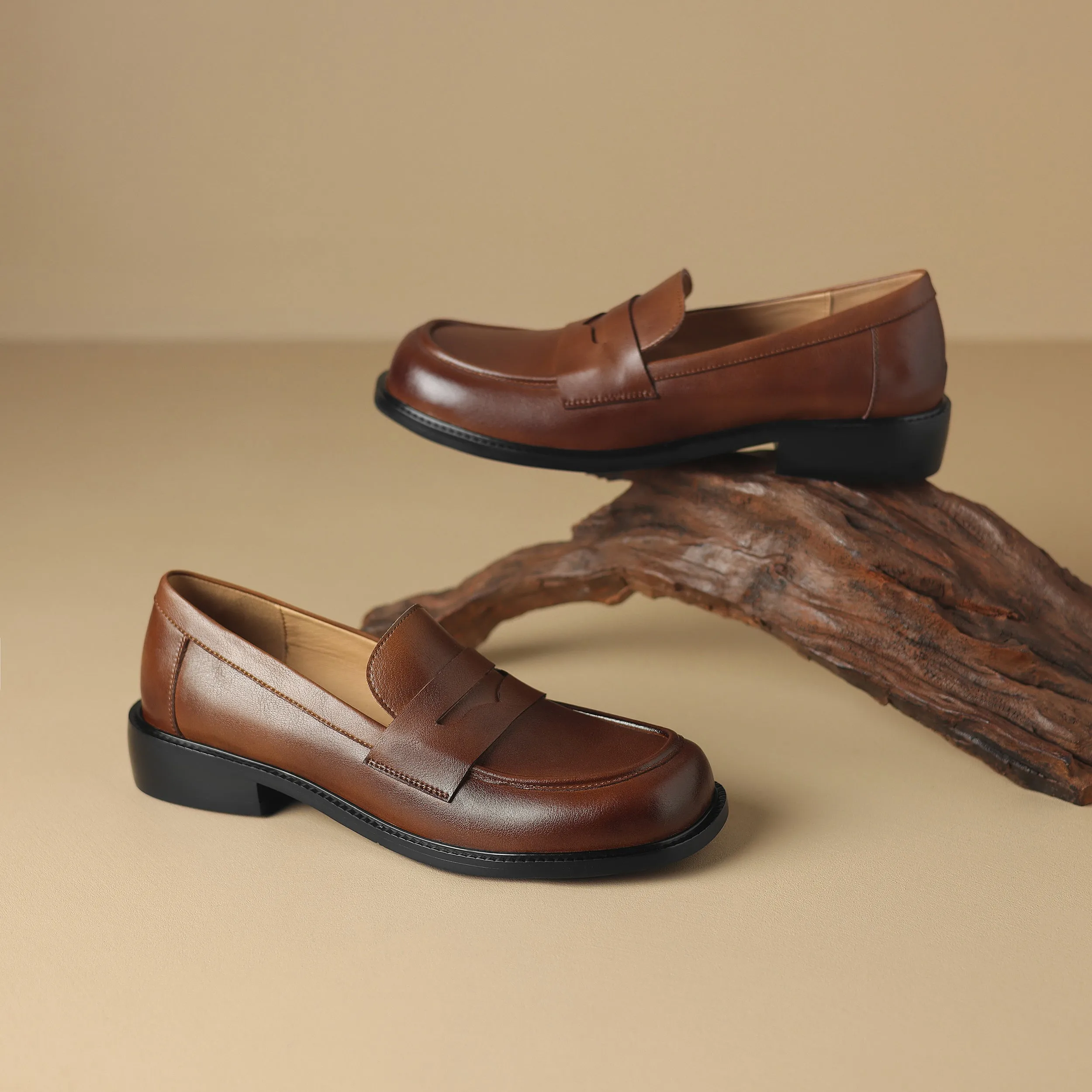 Womens British Preppy Handmade Loafers Comfortable Leather Shoes