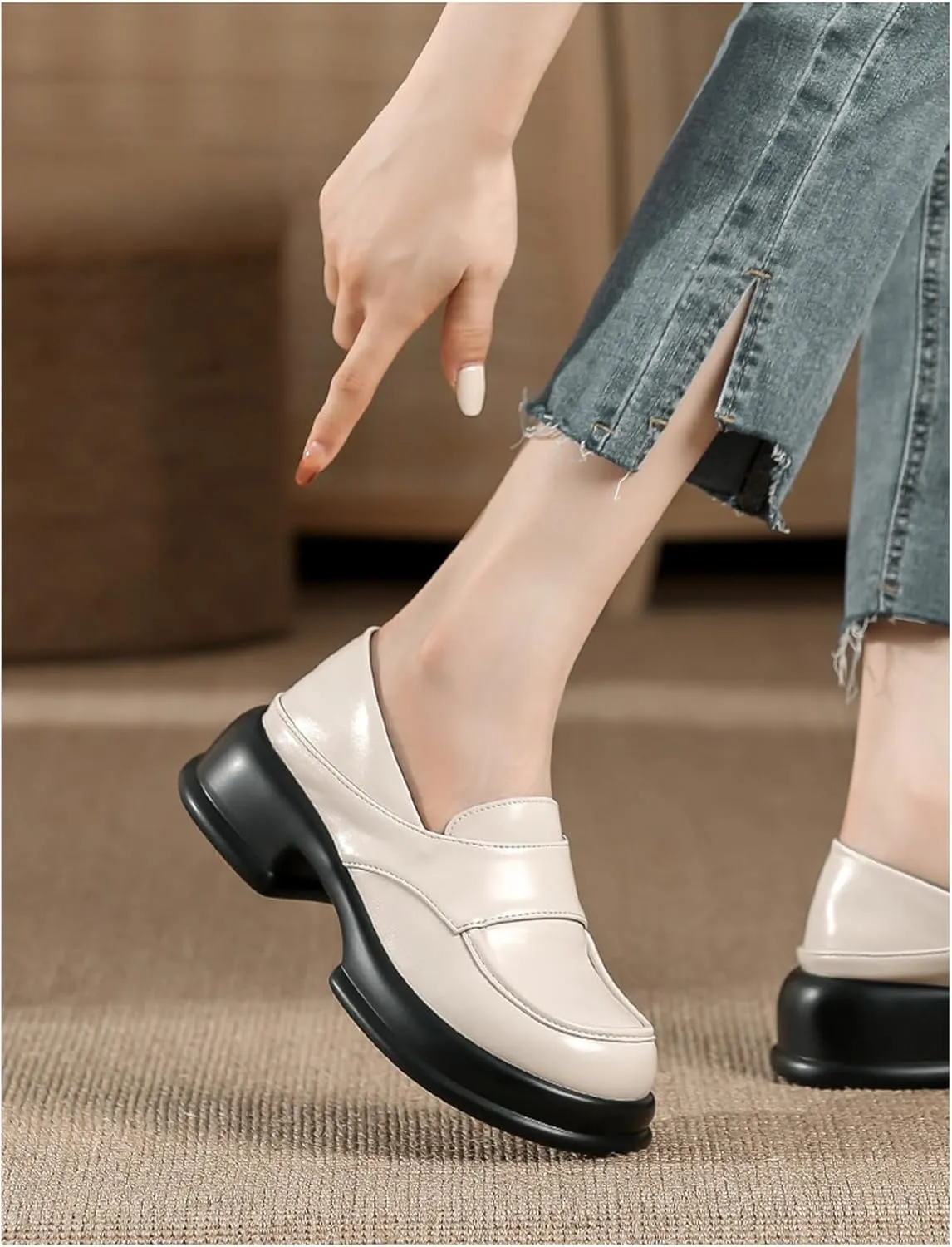 Womens Chunky Platform Heightened Penny Loafers Comfortable Retro Slip-On Round Toe Office Work Moccasin Shoes Fashion Memory Foam Dress Business Casual Shoe
