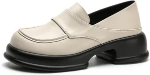 Womens Chunky Platform Heightened Penny Loafers Comfortable Retro Slip-On Round Toe Office Work Moccasin Shoes Fashion Memory Foam Dress Business Casual Shoe