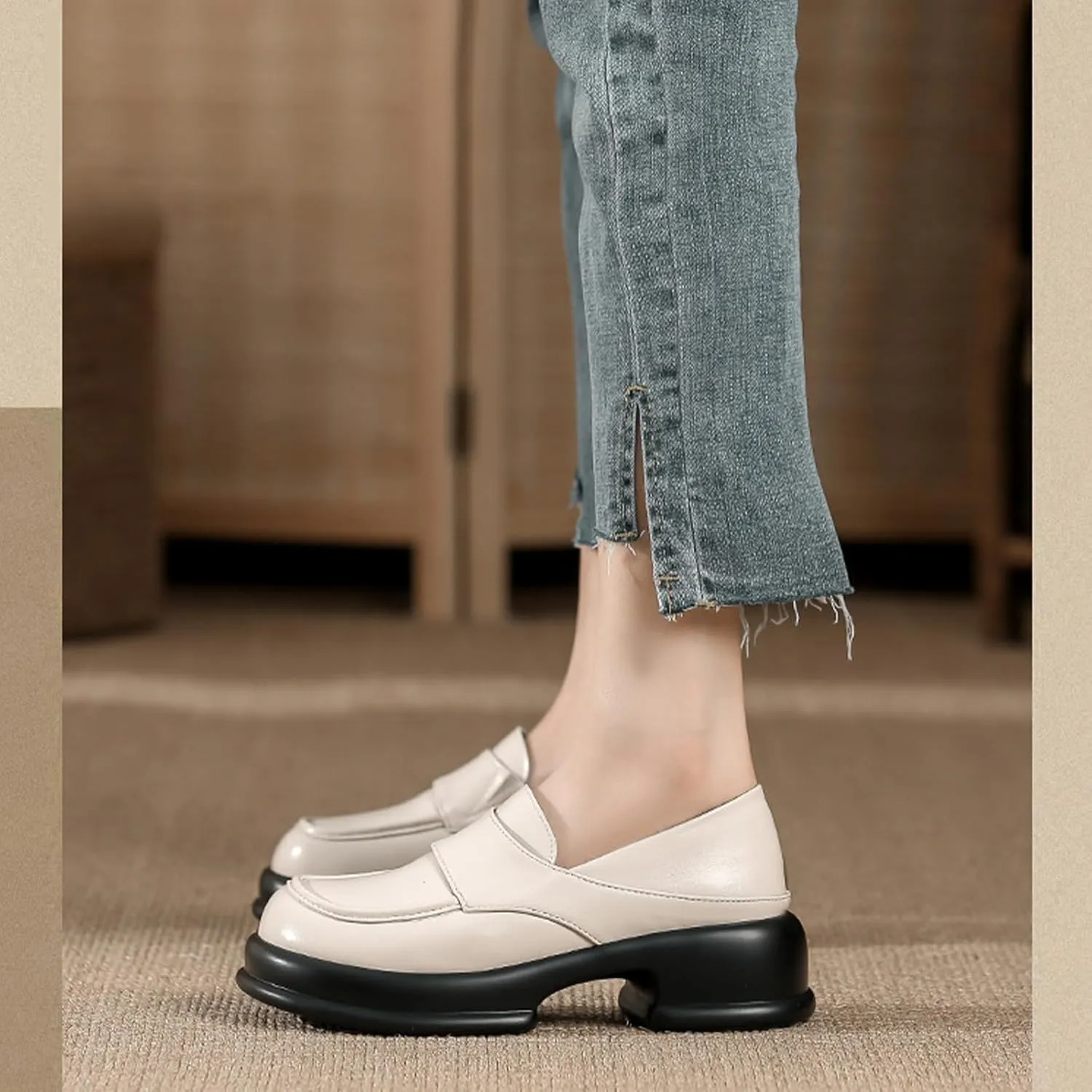 Womens Chunky Platform Heightened Penny Loafers Comfortable Retro Slip-On Round Toe Office Work Moccasin Shoes Fashion Memory Foam Dress Business Casual Shoe