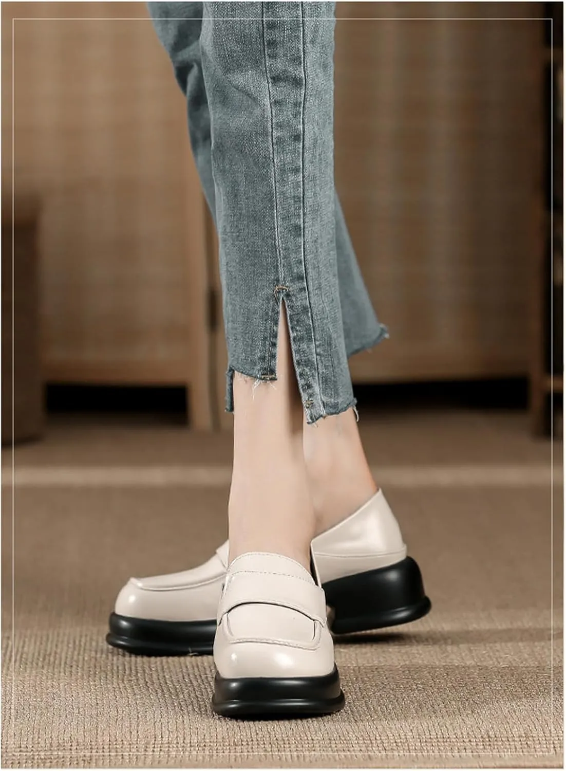 Womens Chunky Platform Heightened Penny Loafers Comfortable Retro Slip-On Round Toe Office Work Moccasin Shoes Fashion Memory Foam Dress Business Casual Shoe