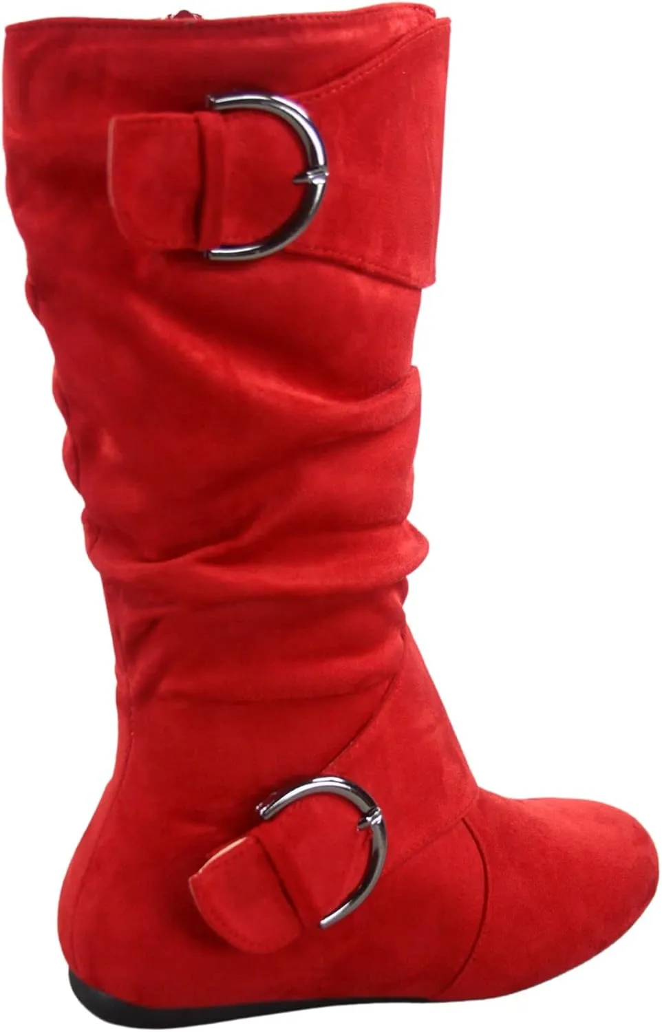 Women's Closed Round Toe Buckle Side Zip Buckle Slouch Flat Heel Mid-Calf Boot