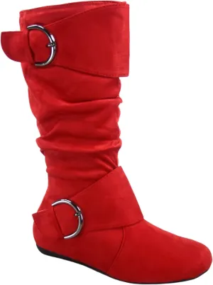 Women's Closed Round Toe Buckle Side Zip Buckle Slouch Flat Heel Mid-Calf Boot