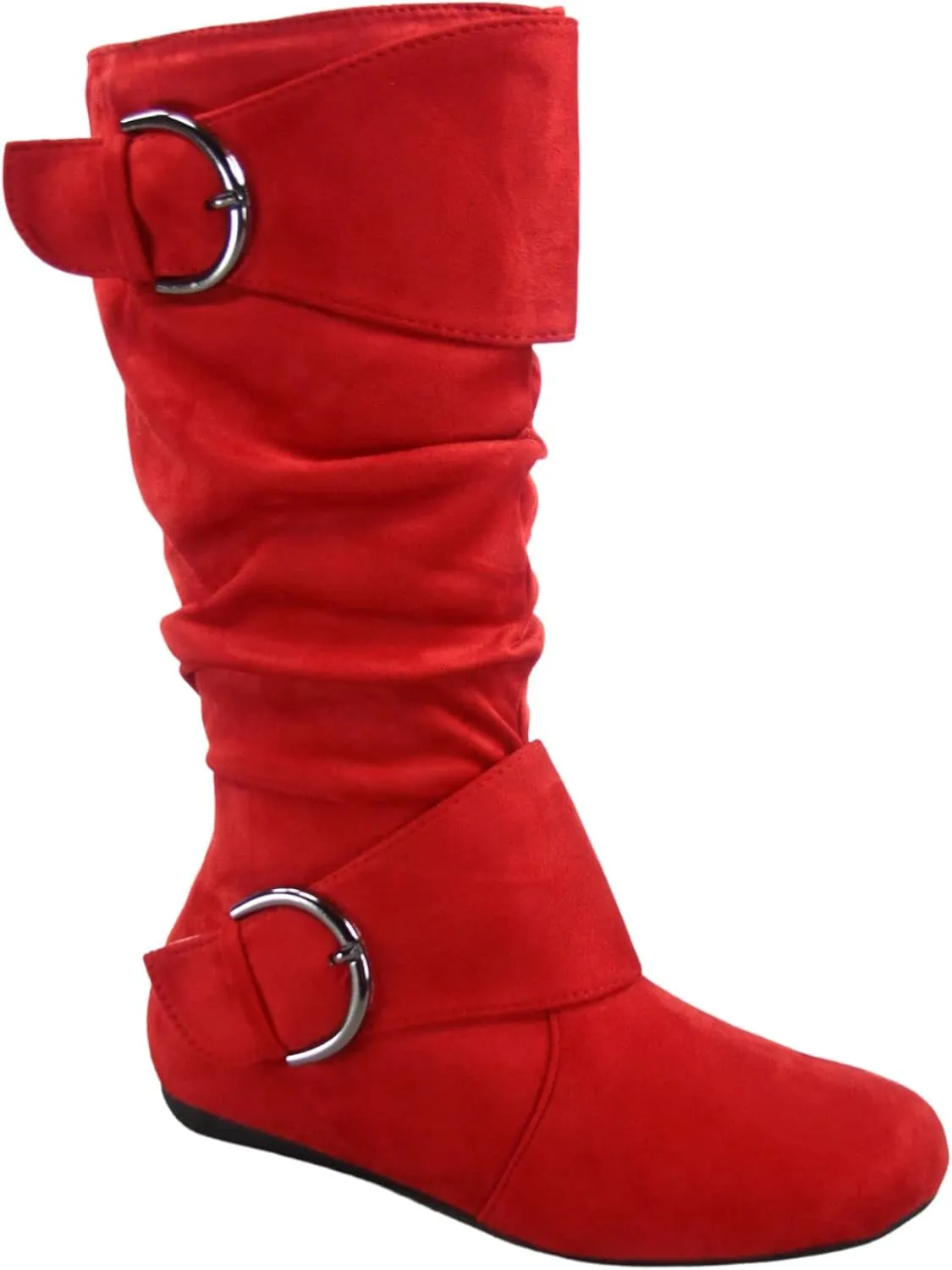 Women's Closed Round Toe Buckle Side Zip Buckle Slouch Flat Heel Mid-Calf Boot