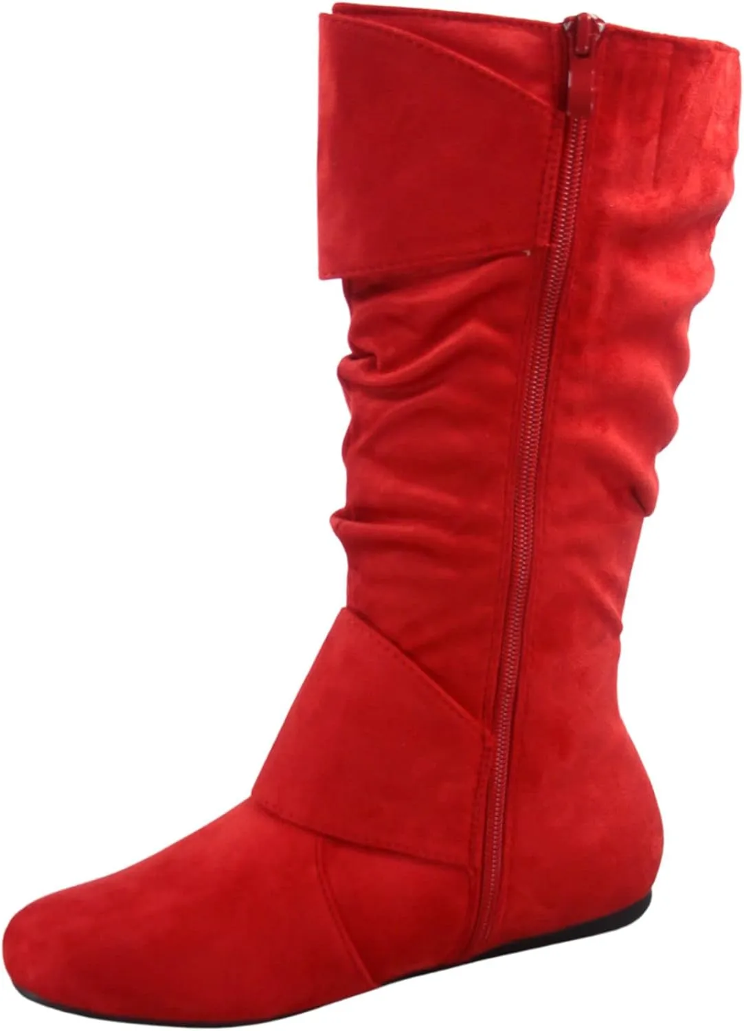 Women's Closed Round Toe Buckle Side Zip Buckle Slouch Flat Heel Mid-Calf Boot