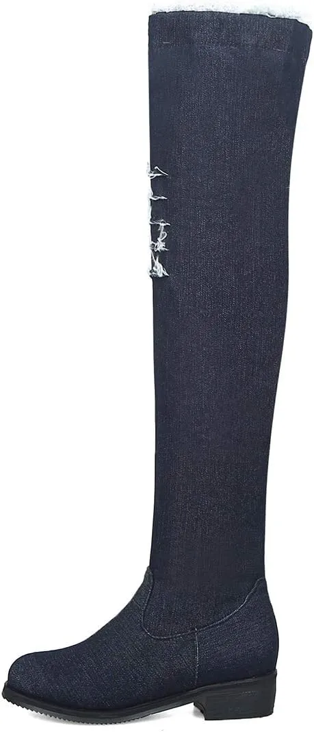 Womens Denim Thigh High Boots Flat Over The Knee Boots Side Zipper