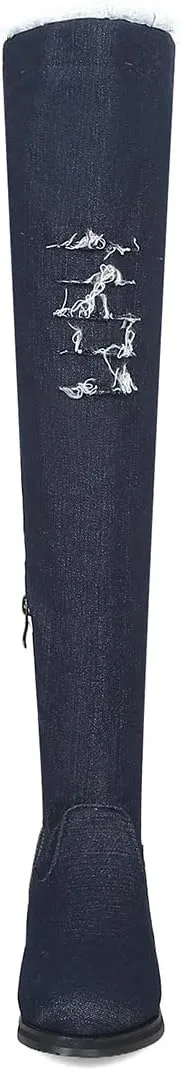 Womens Denim Thigh High Boots Flat Over The Knee Boots Side Zipper