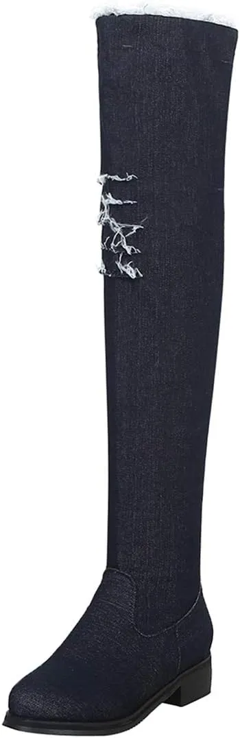Womens Denim Thigh High Boots Flat Over The Knee Boots Side Zipper