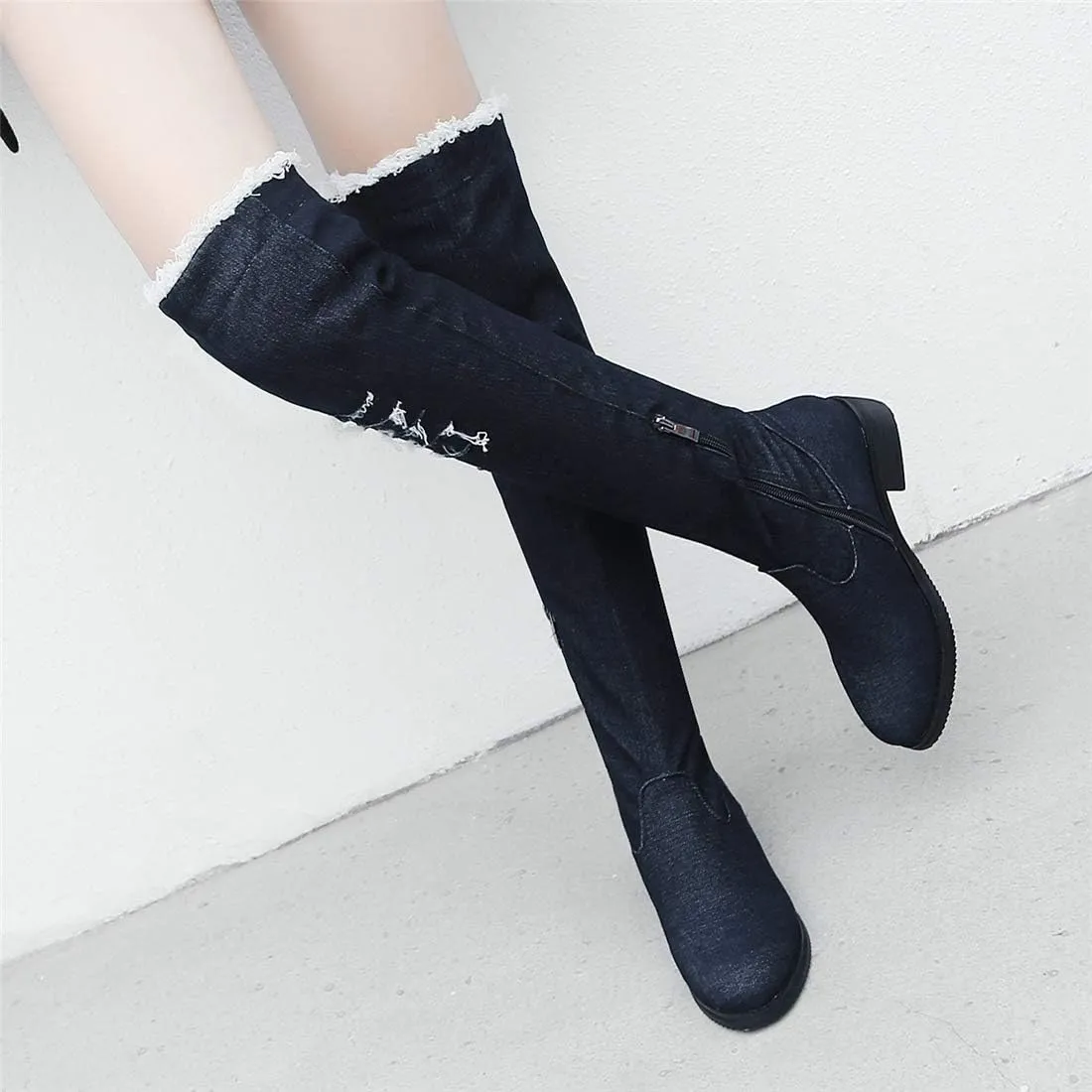 Womens Denim Thigh High Boots Flat Over The Knee Boots Side Zipper