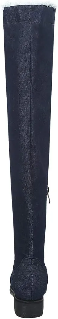 Womens Denim Thigh High Boots Flat Over The Knee Boots Side Zipper