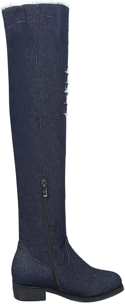 Womens Denim Thigh High Boots Flat Over The Knee Boots Side Zipper