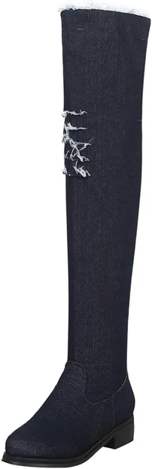 Womens Denim Thigh High Boots Flat Over The Knee Boots Side Zipper