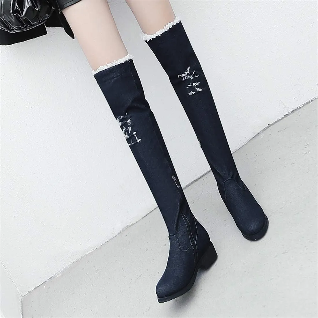 Womens Denim Thigh High Boots Flat Over The Knee Boots Side Zipper