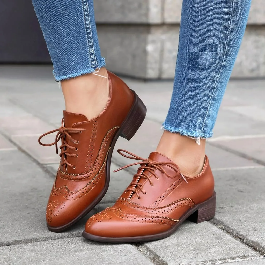 Women's Flat Saddle Oxford Shoes Round Toe Wingtip Perforated Lace Up Low Heel School Uniform Oxfords Brogues