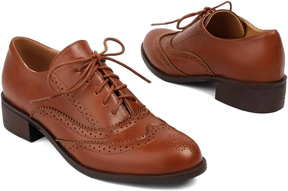 Women's Flat Saddle Oxford Shoes Round Toe Wingtip Perforated Lace Up Low Heel School Uniform Oxfords Brogues
