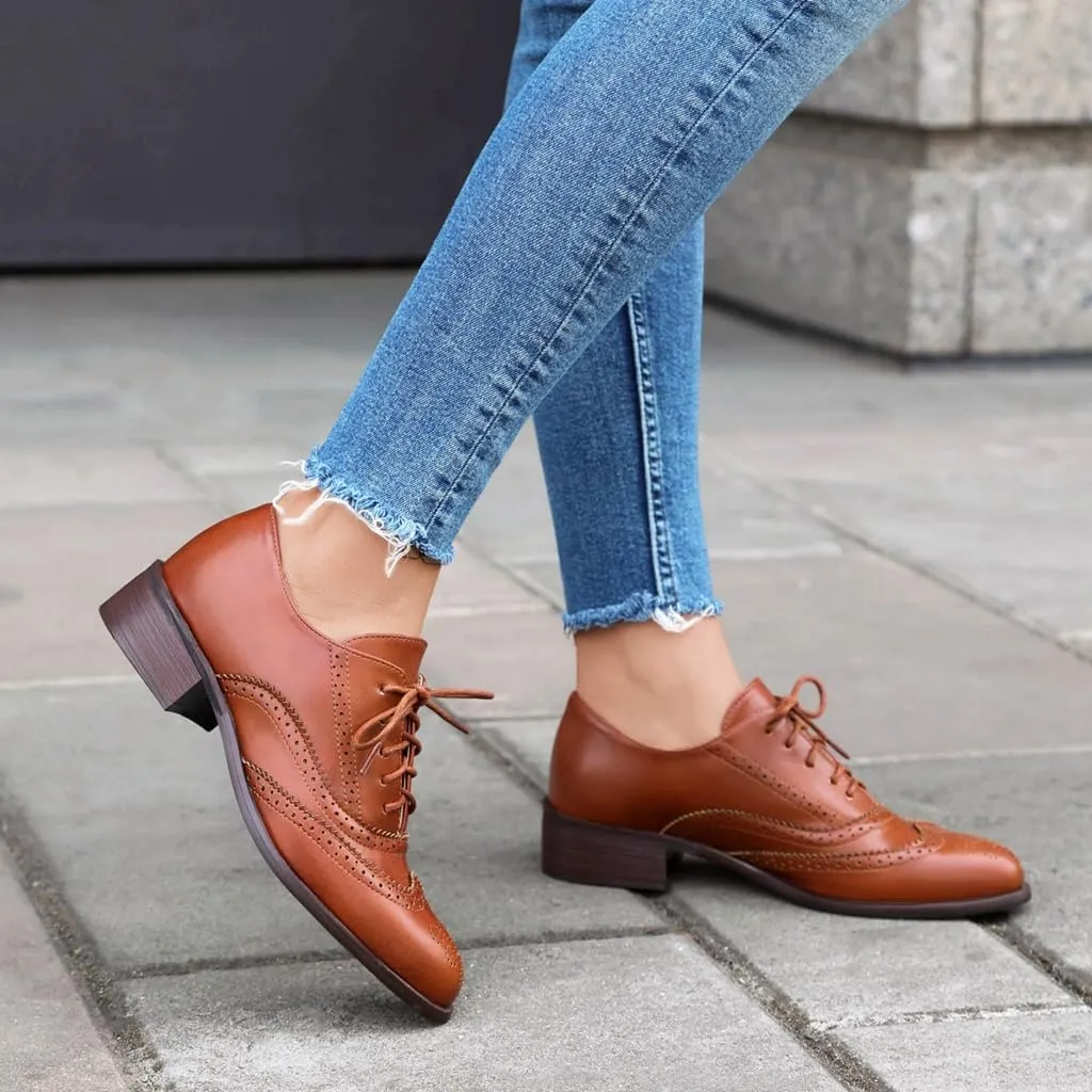 Women's Flat Saddle Oxford Shoes Round Toe Wingtip Perforated Lace Up Low Heel School Uniform Oxfords Brogues