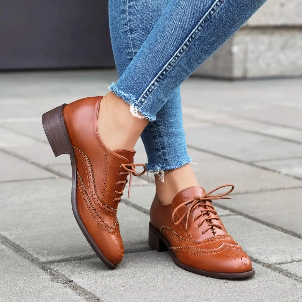 Women's Flat Saddle Oxford Shoes Round Toe Wingtip Perforated Lace Up Low Heel School Uniform Oxfords Brogues