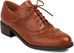 Women's Flat Saddle Oxford Shoes Round Toe Wingtip Perforated Lace Up Low Heel School Uniform Oxfords Brogues