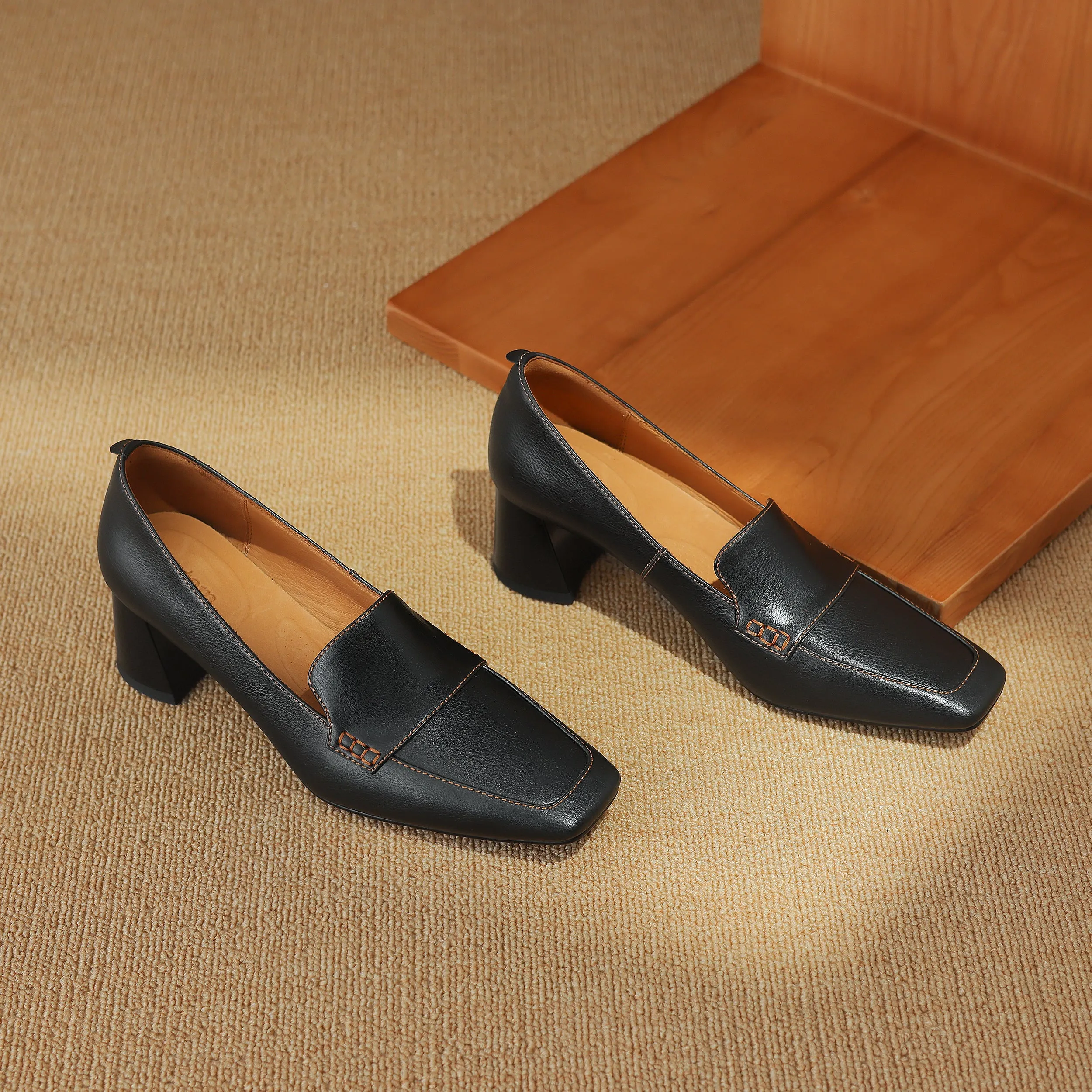 Women's Genuine Leather Handmade Business Slip-On Block Heeled Loafers Pump