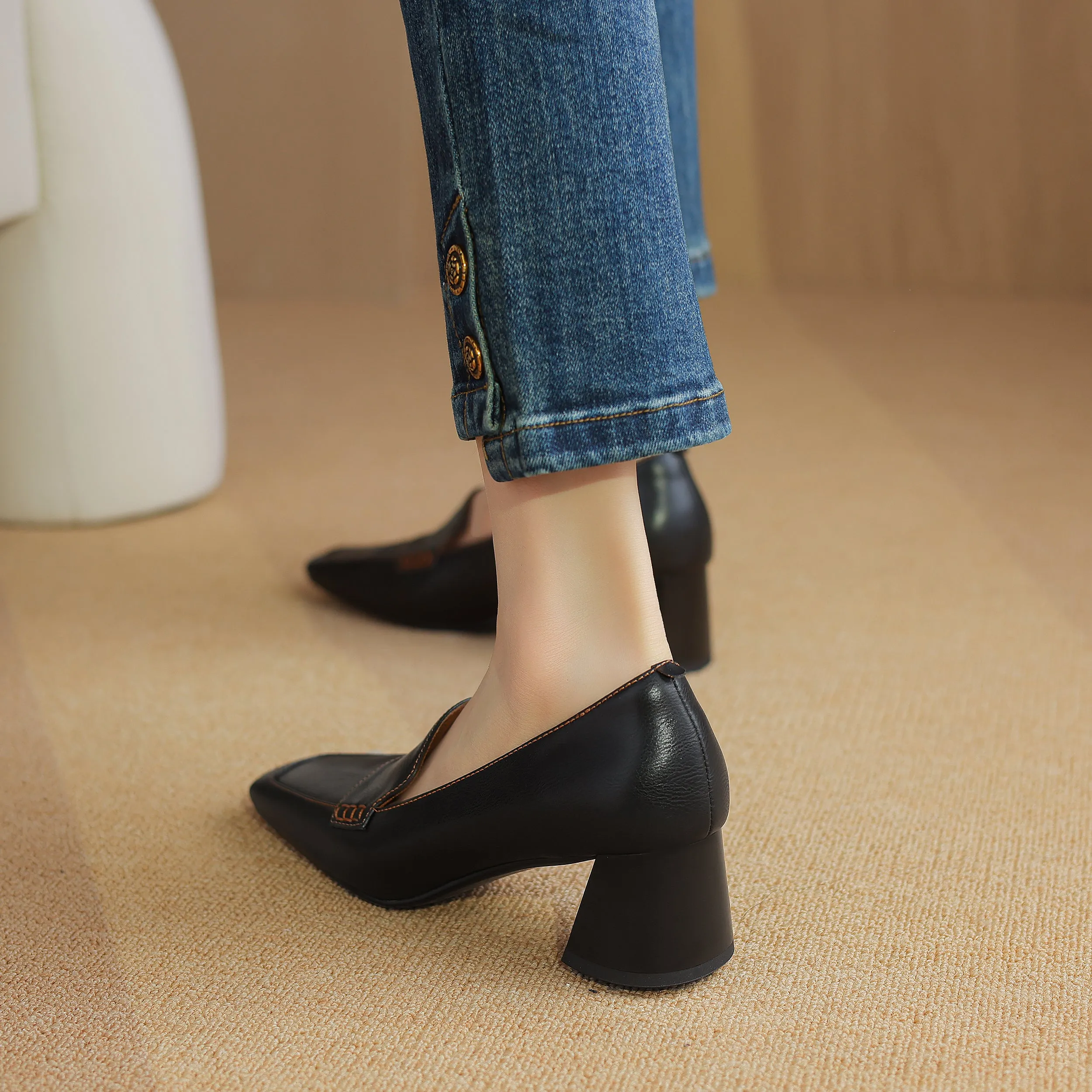 Women's Genuine Leather Handmade Business Slip-On Block Heeled Loafers Pump