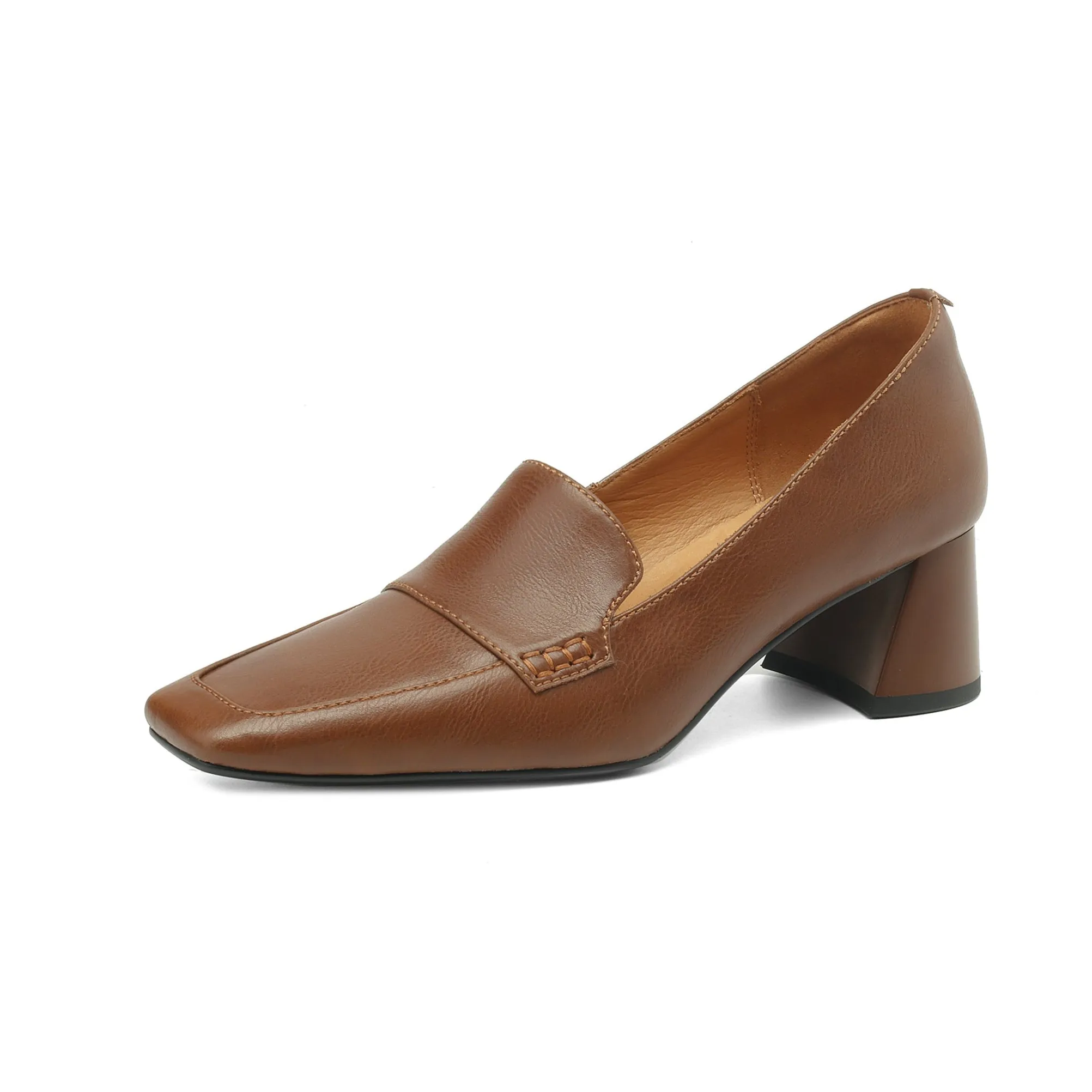 Women's Genuine Leather Handmade Business Slip-On Block Heeled Loafers Pump