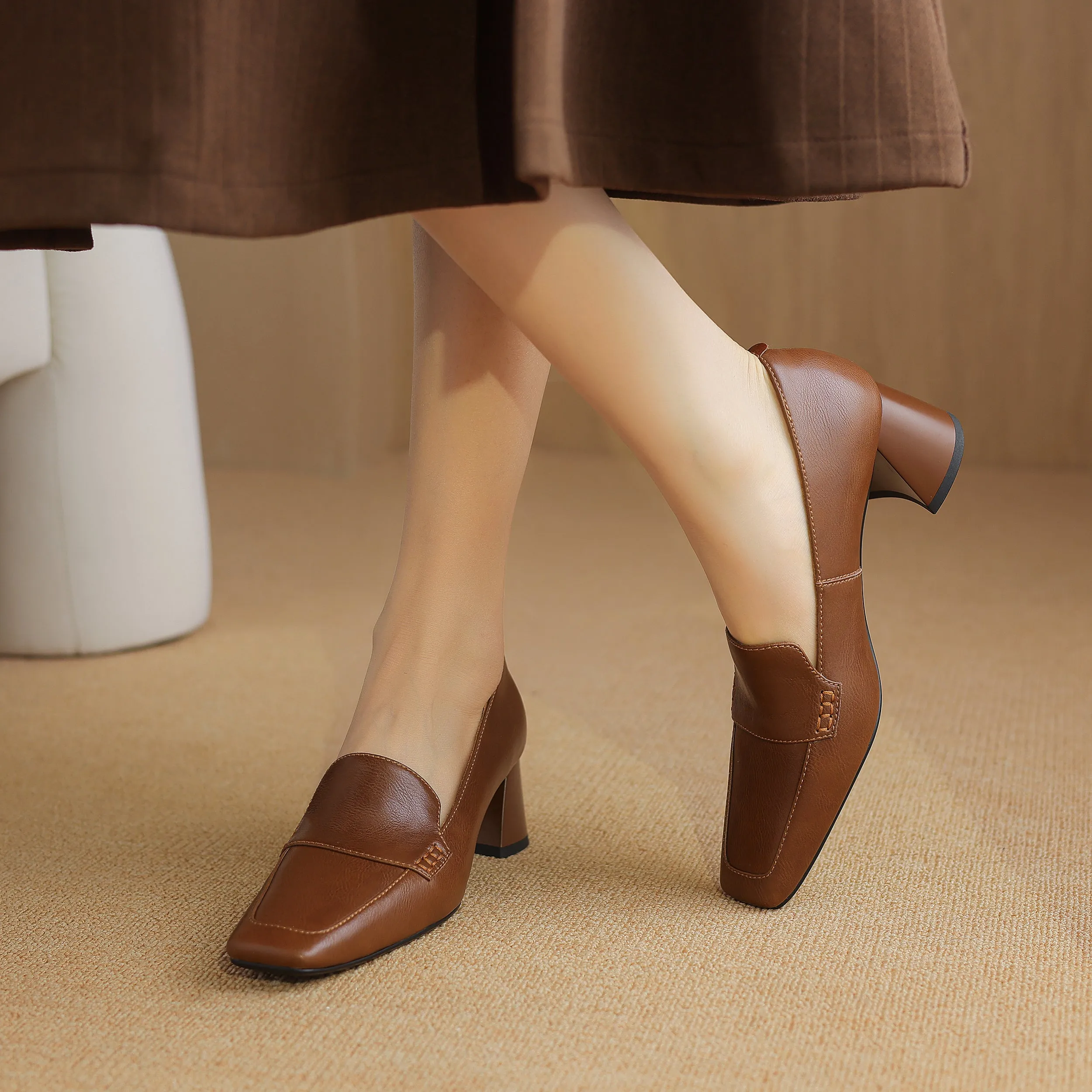 Women's Genuine Leather Handmade Business Slip-On Block Heeled Loafers Pump