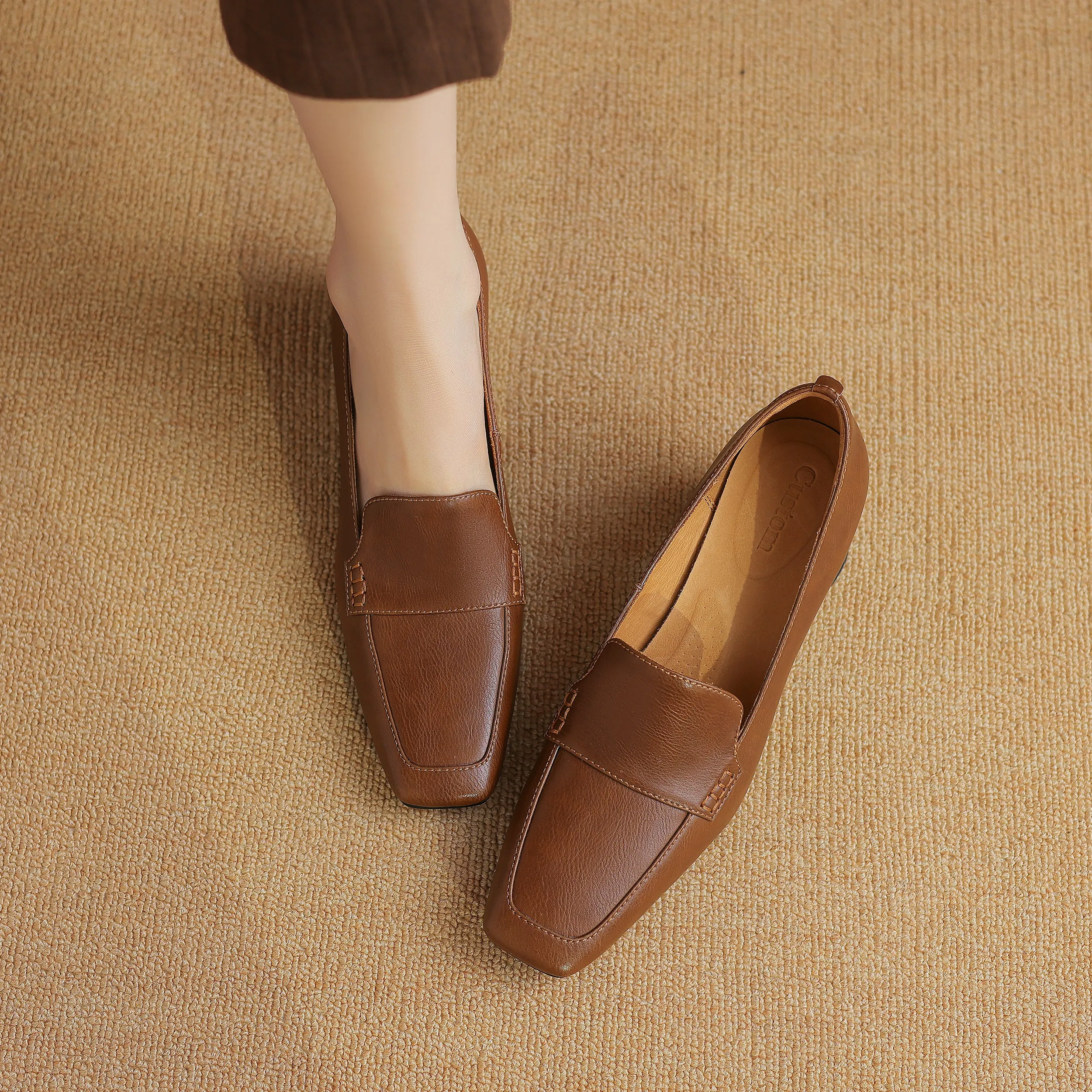 Women's Genuine Leather Handmade Business Slip-On Block Heeled Loafers Pump