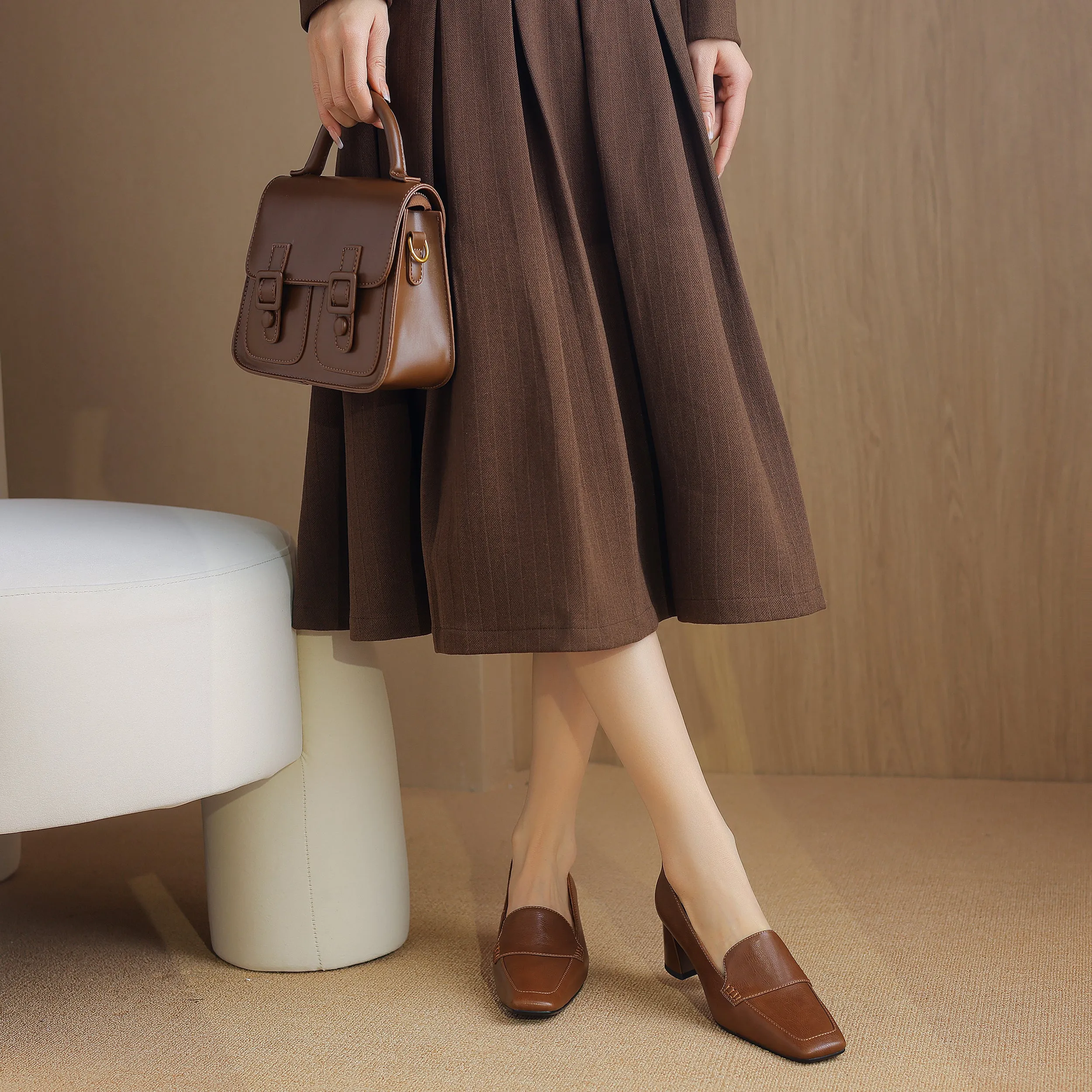Women's Genuine Leather Handmade Business Slip-On Block Heeled Loafers Pump