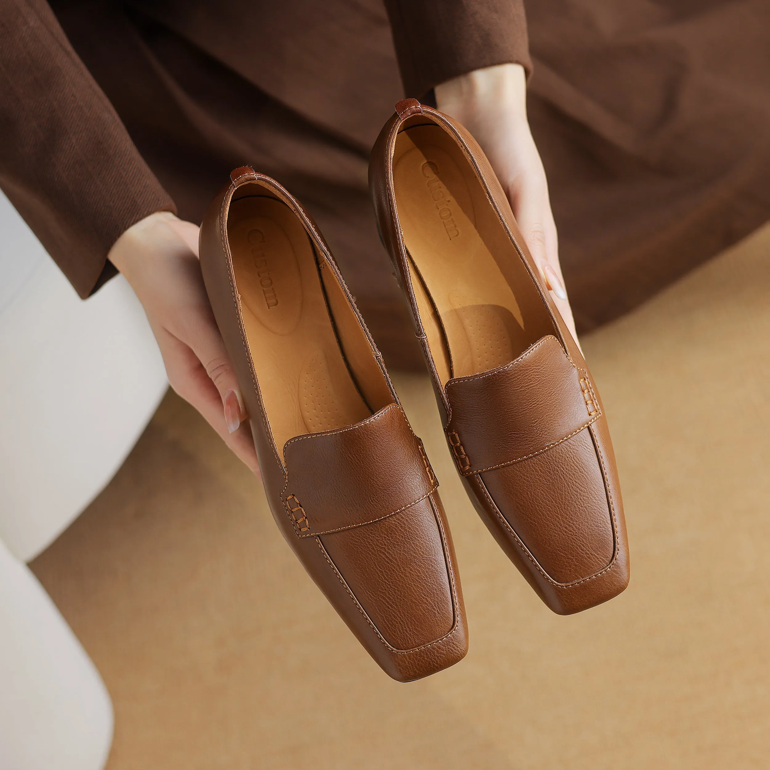 Women's Genuine Leather Handmade Business Slip-On Block Heeled Loafers Pump