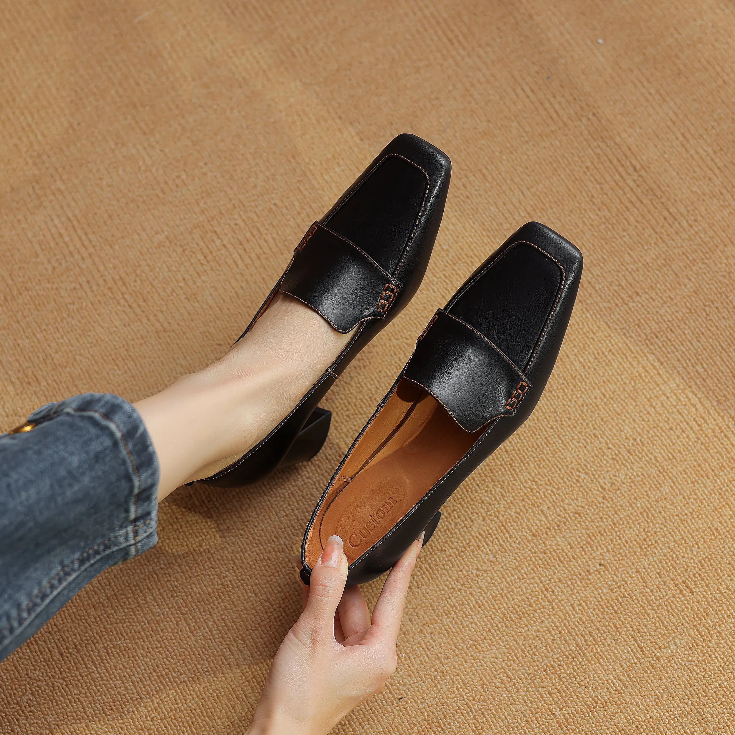 Women's Genuine Leather Handmade Business Slip-On Block Heeled Loafers Pump