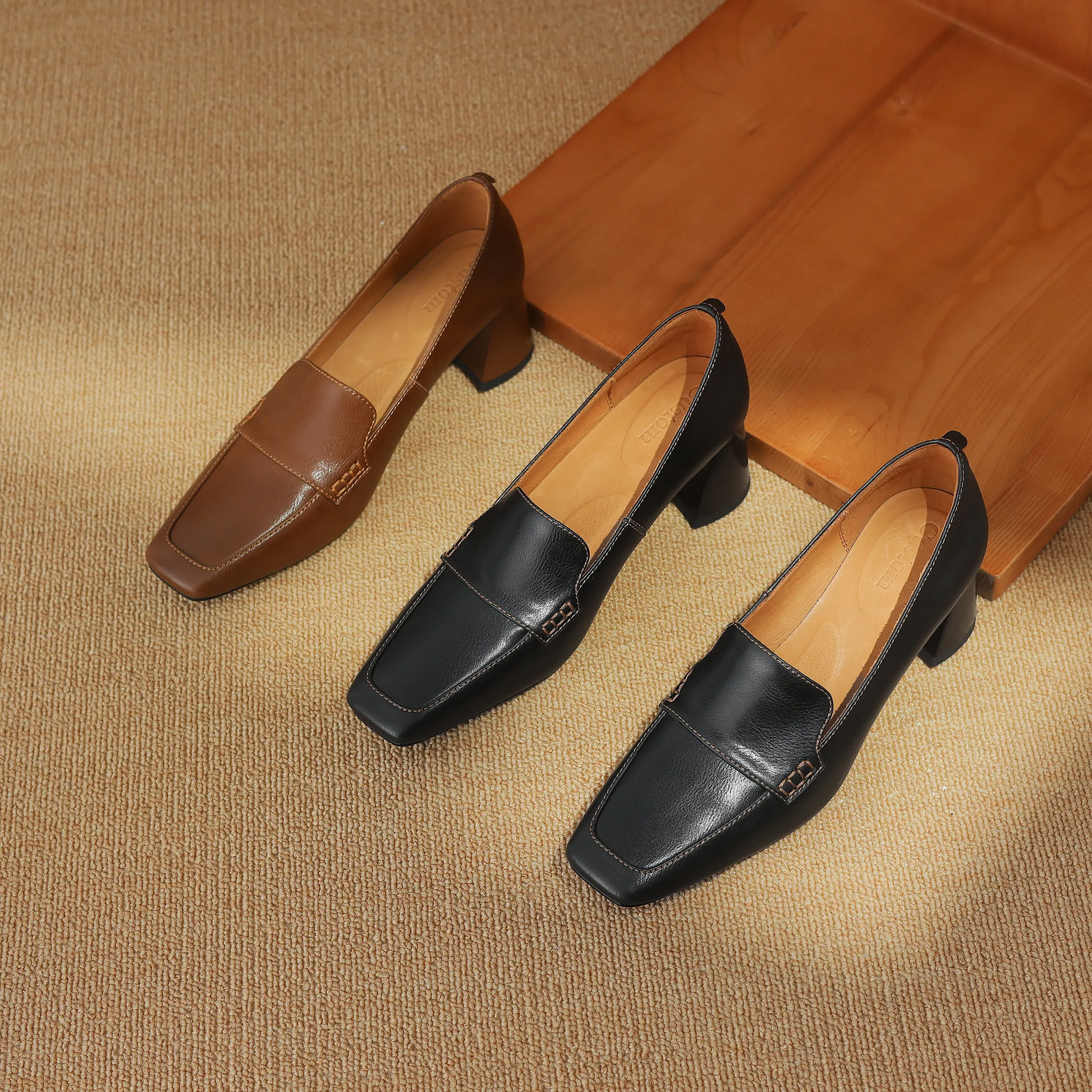 Women's Genuine Leather Handmade Business Slip-On Block Heeled Loafers Pump