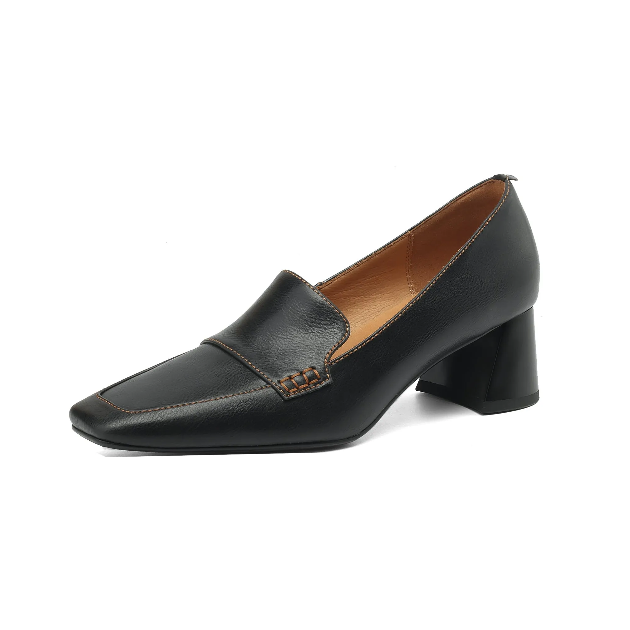 Women's Genuine Leather Handmade Business Slip-On Block Heeled Loafers Pump