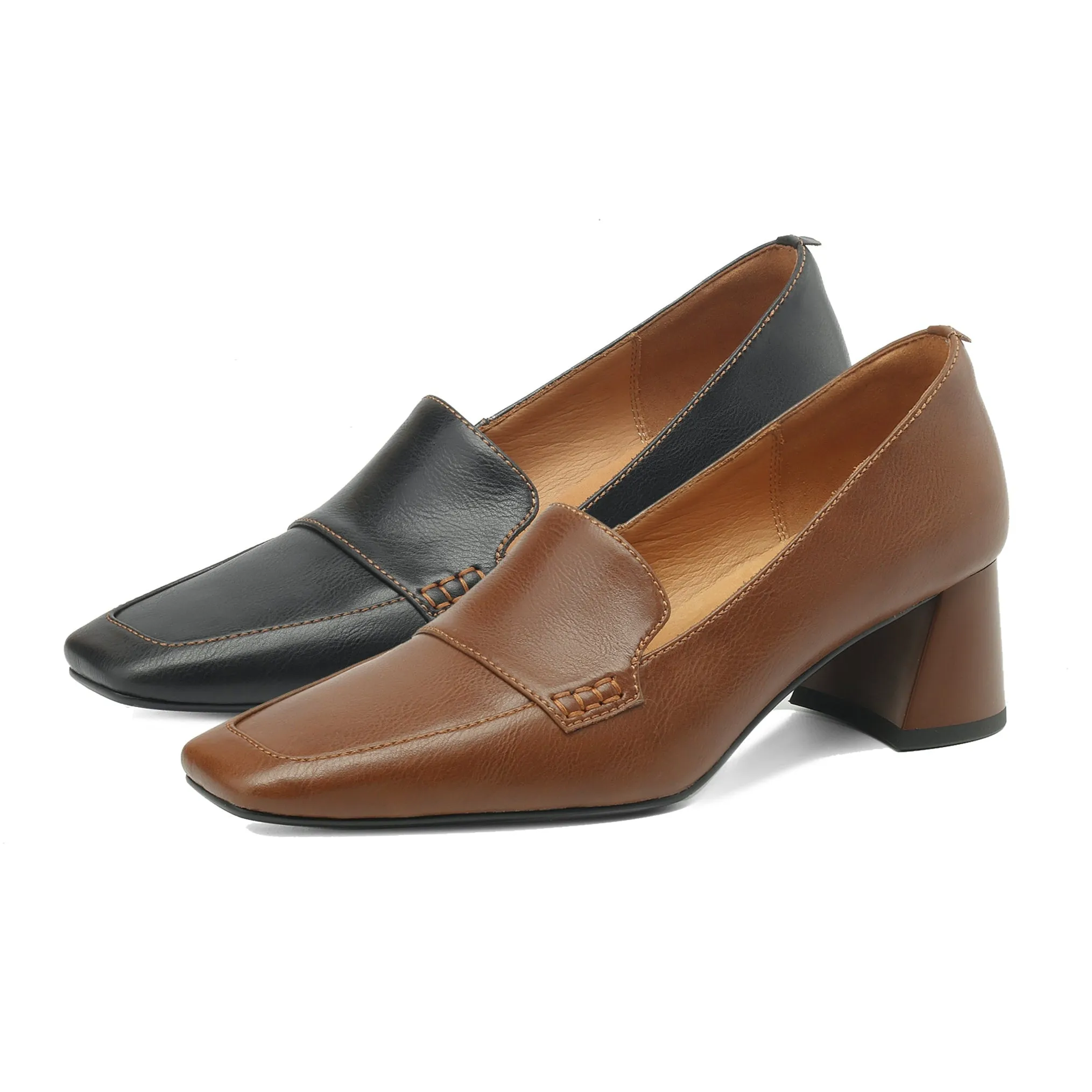 Women's Genuine Leather Handmade Business Slip-On Block Heeled Loafers Pump
