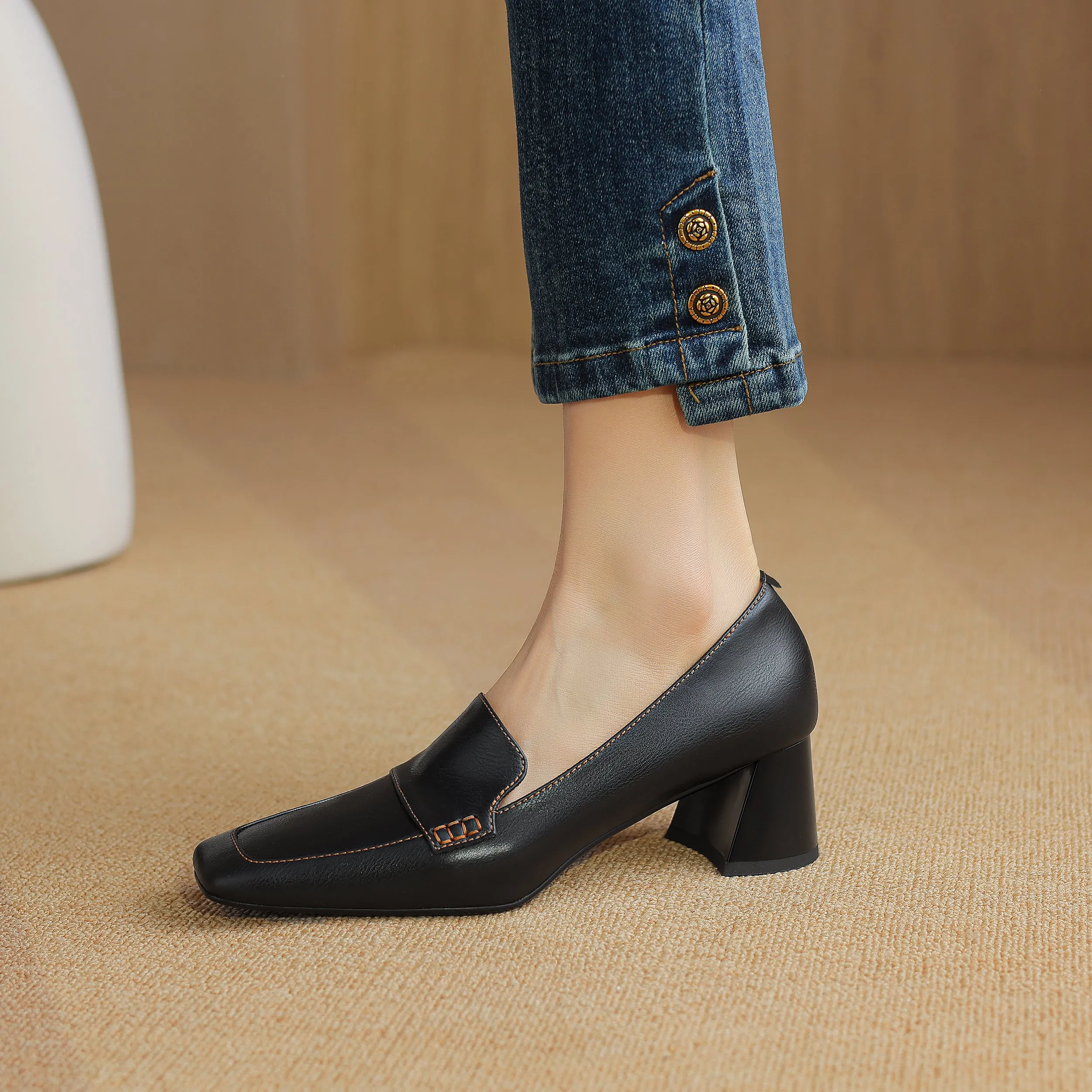 Women's Genuine Leather Handmade Business Slip-On Block Heeled Loafers Pump