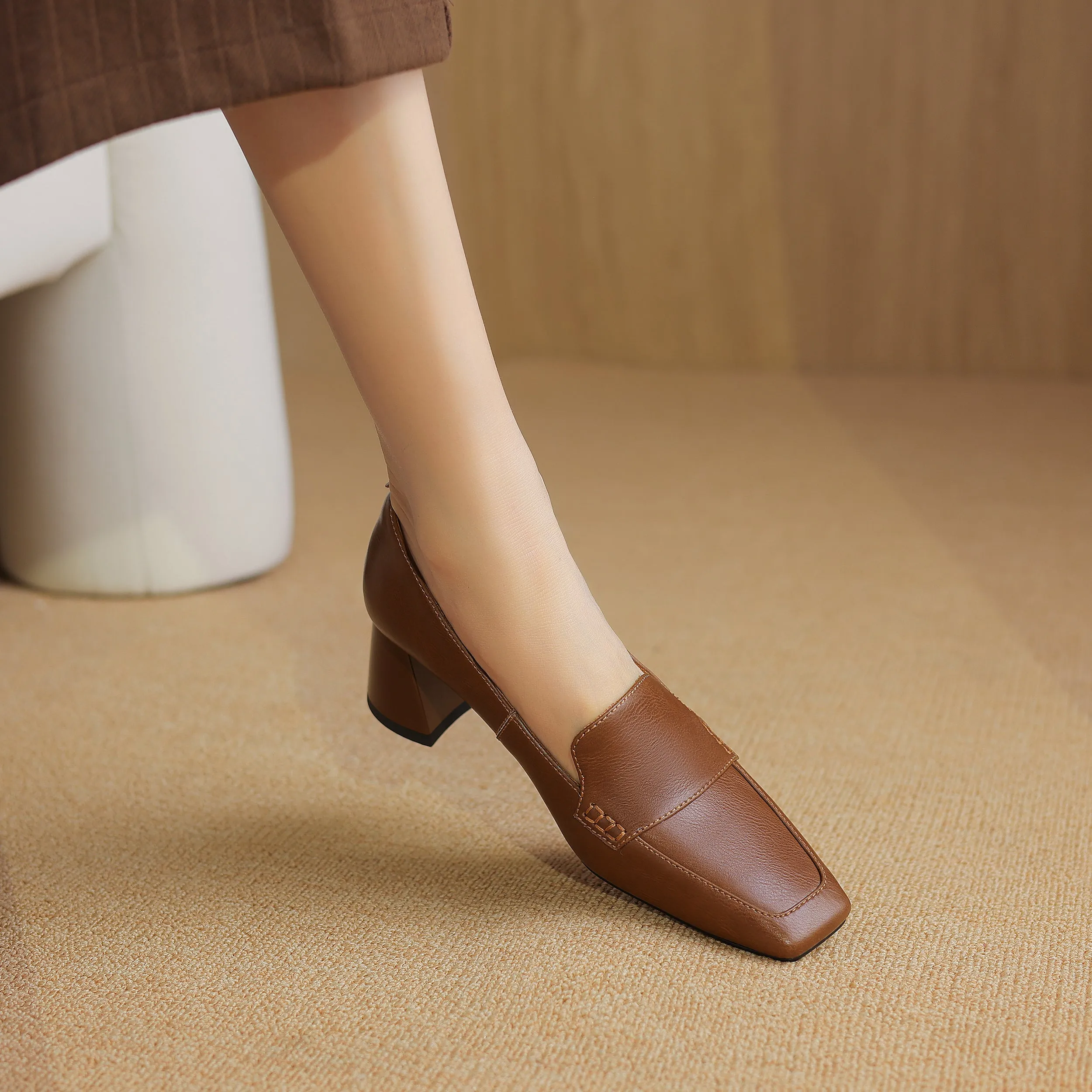 Women's Genuine Leather Handmade Business Slip-On Block Heeled Loafers Pump
