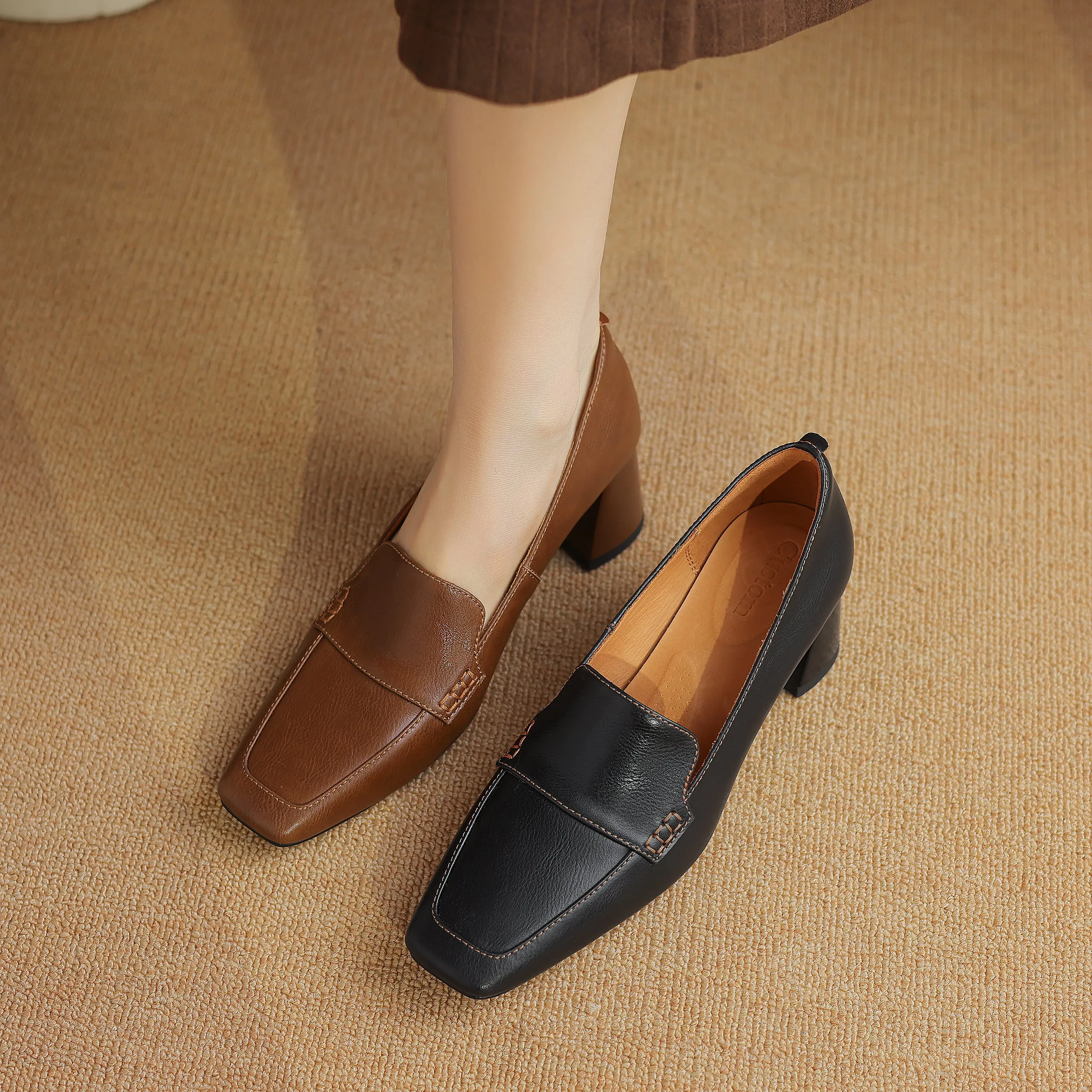 Women's Genuine Leather Handmade Business Slip-On Block Heeled Loafers Pump