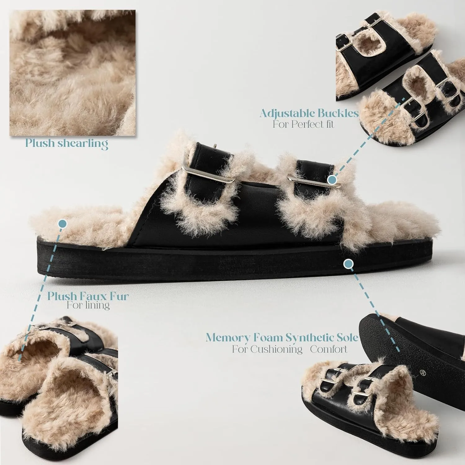 Womens Open Toe Fuzzy Slipper with Faux Fur Lining Cork Slide Sandals Adjustable Buckles