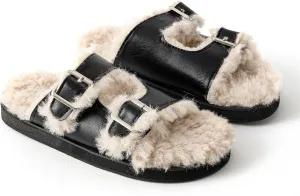 Womens Open Toe Fuzzy Slipper with Faux Fur Lining Cork Slide Sandals Adjustable Buckles