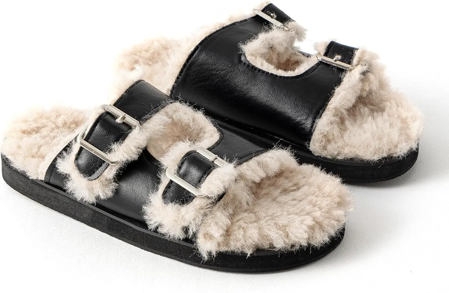 Womens Open Toe Fuzzy Slipper with Faux Fur Lining Cork Slide Sandals Adjustable Buckles