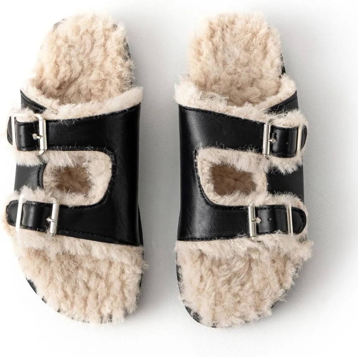 Womens Open Toe Fuzzy Slipper with Faux Fur Lining Cork Slide Sandals Adjustable Buckles