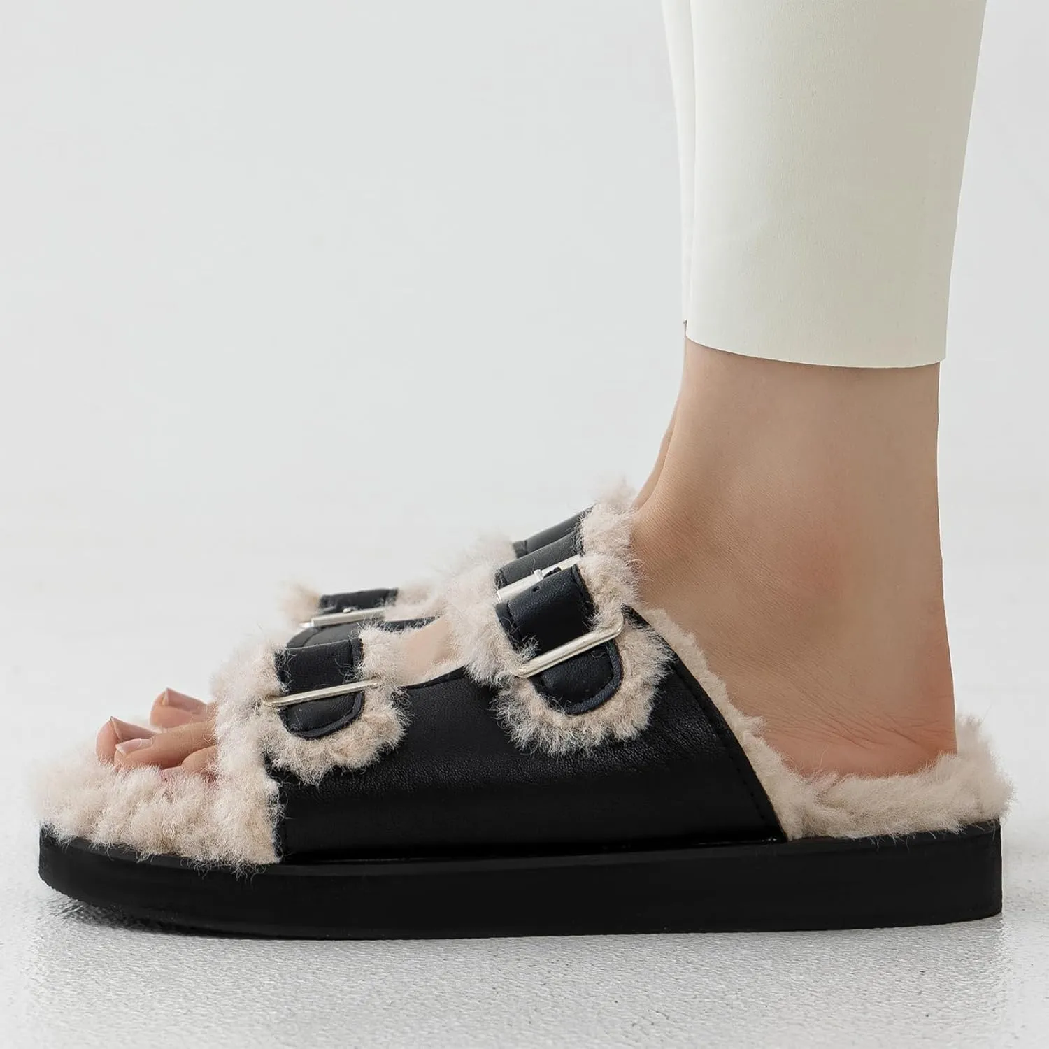 Womens Open Toe Fuzzy Slipper with Faux Fur Lining Cork Slide Sandals Adjustable Buckles