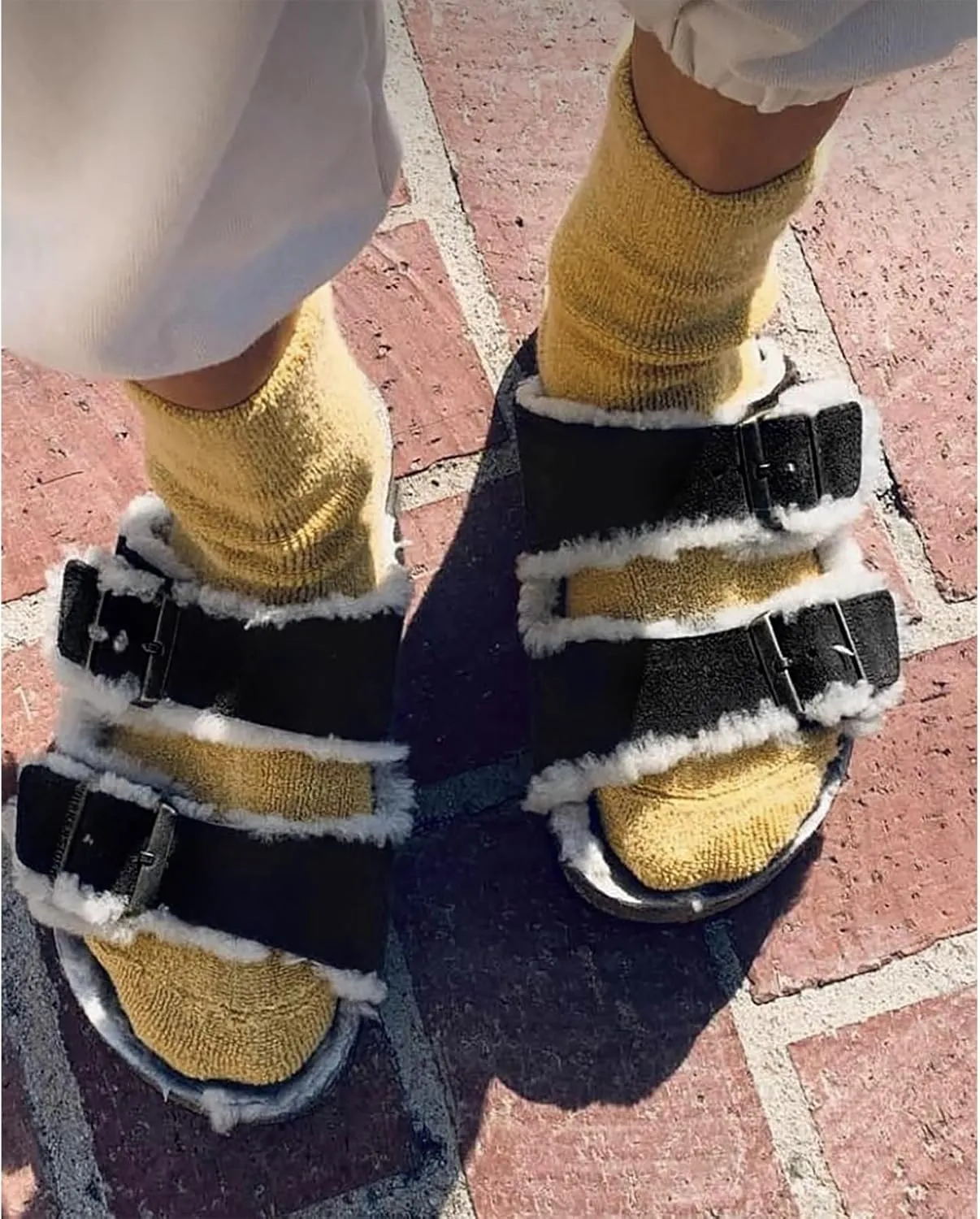 Womens Open Toe Fuzzy Slipper with Faux Fur Lining Cork Slide Sandals Adjustable Buckles